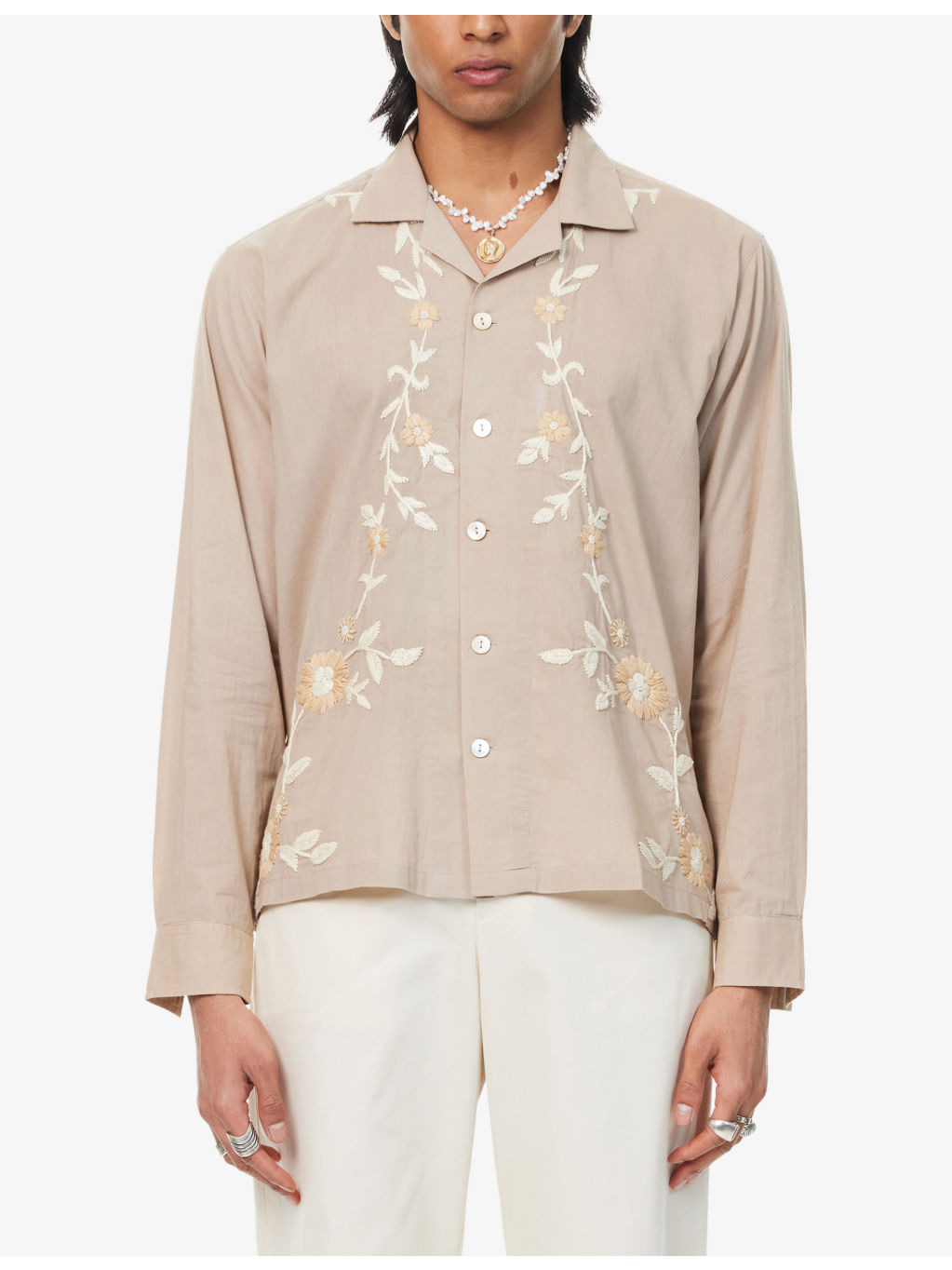 Floral-Embroidered Classic-Collar Cotton Shirt - 3