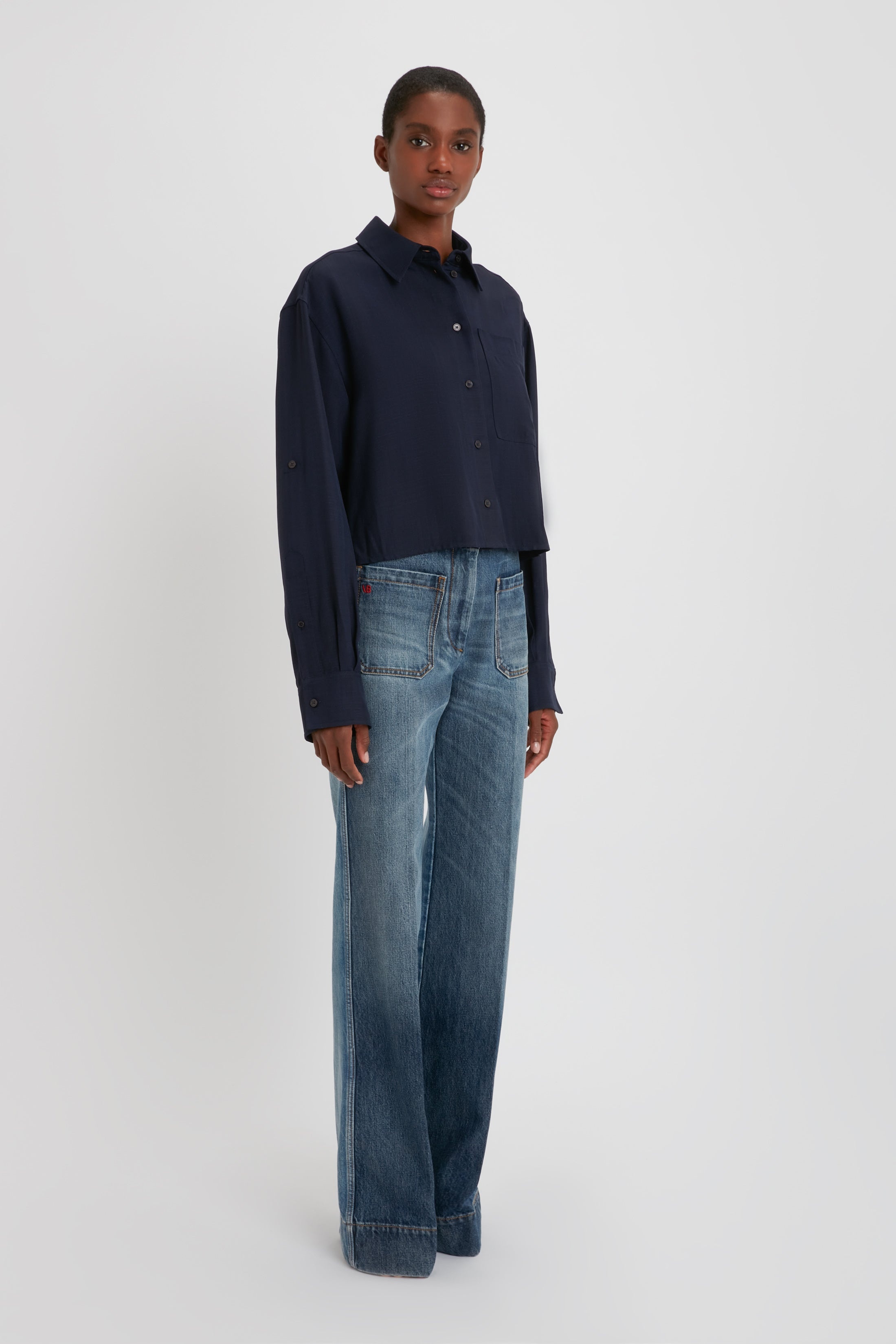 Cropped Patch Pocket Shirt In Ink Blue - 4