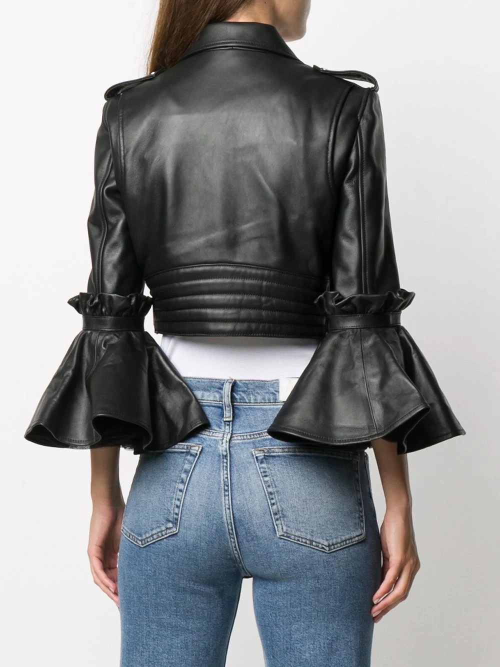 flared cuff leather jacket - 4