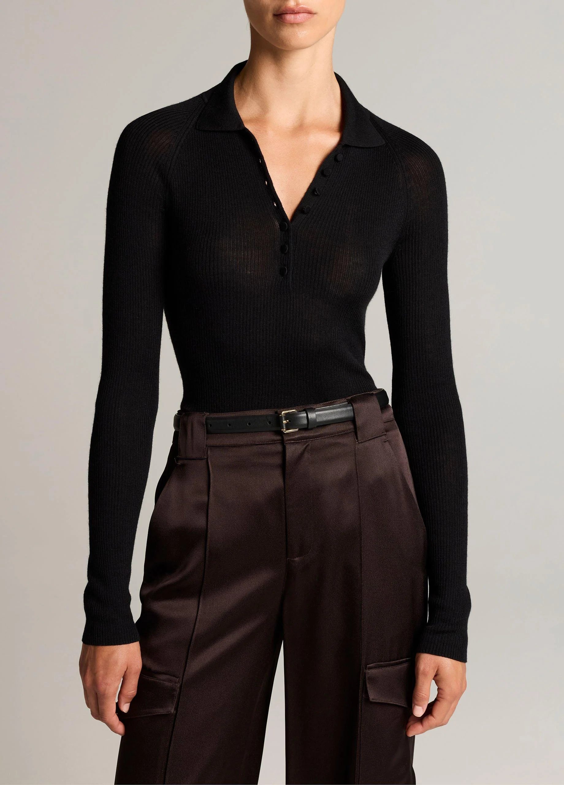Ribbed Italian Wool-Silk Polo Sweater - 1