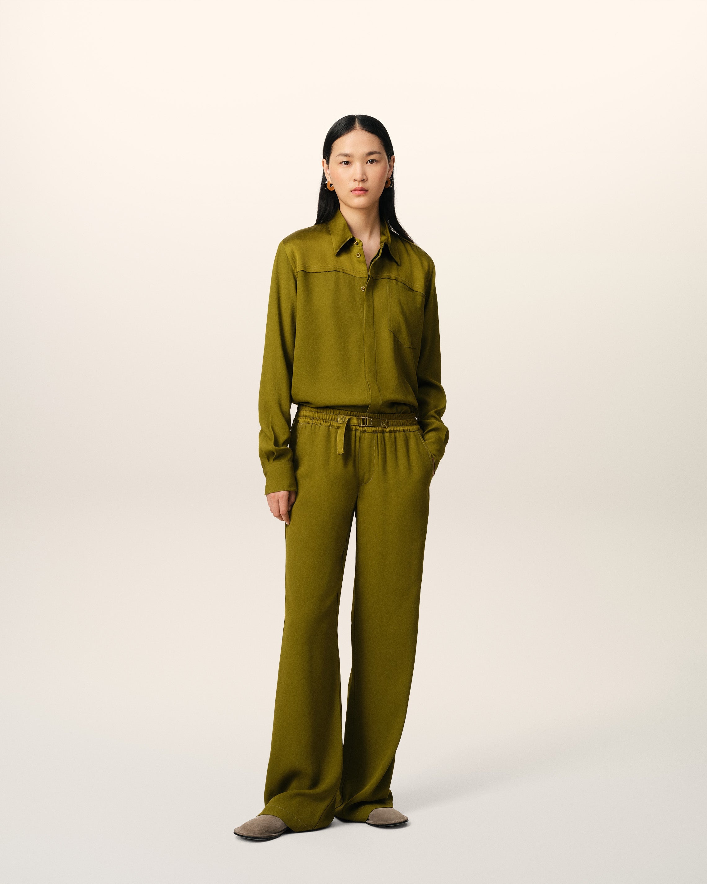 KHAKI FLARE FIT ELASTICATED TROUSERS - 2