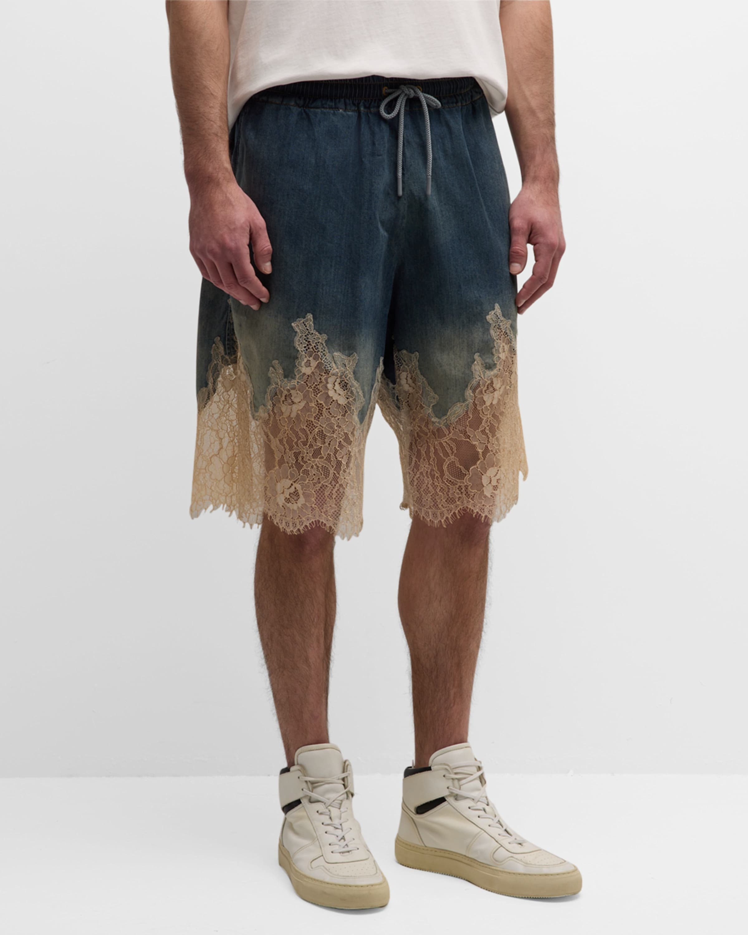 Men's Denim and Lace Drawstring Shorts - 2