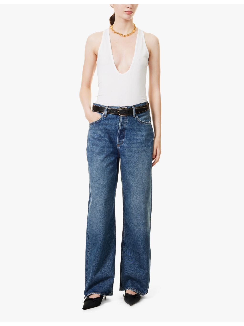 Slung Baggy five-pockets wide-leg high-rise organic-denim blend jeans - 2