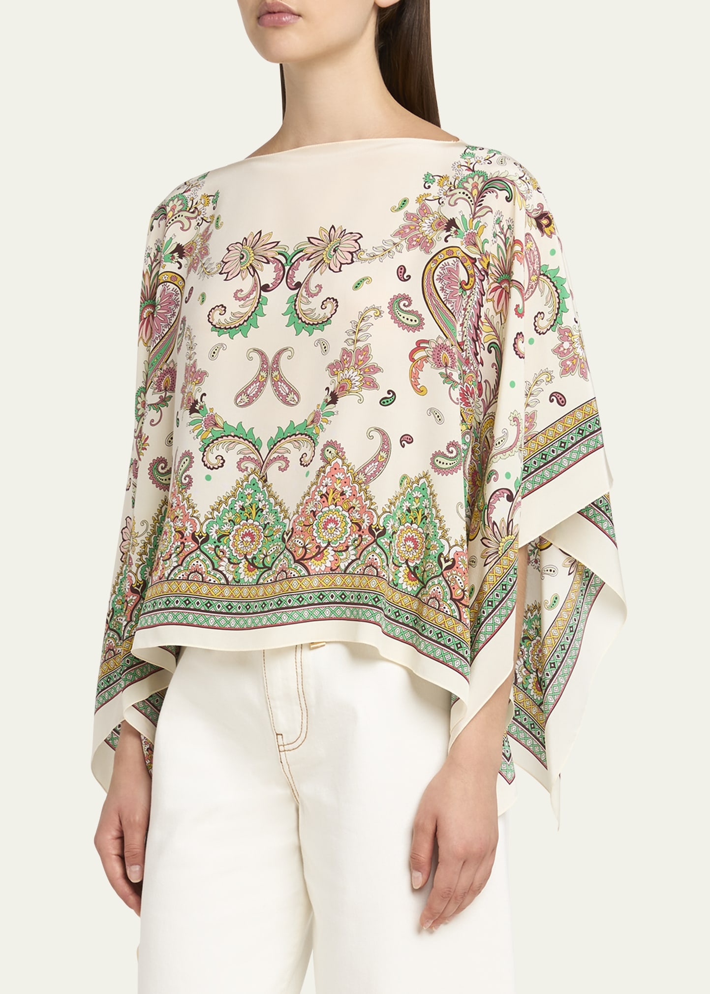 Paisley-Print Silk Asymmetric Poncho - 4