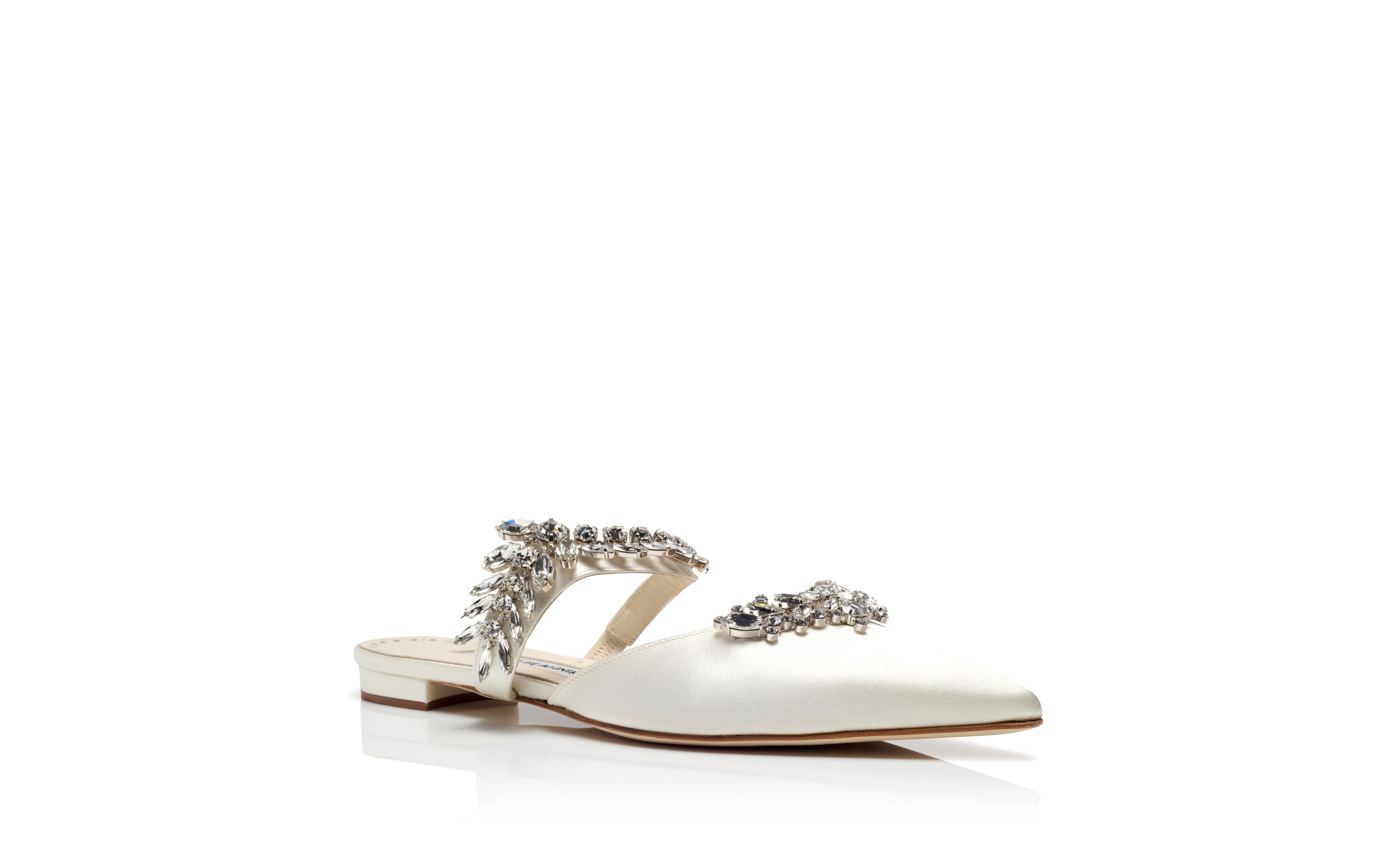 Light Cream Satin Crystal Embellished Flat Mules - 3