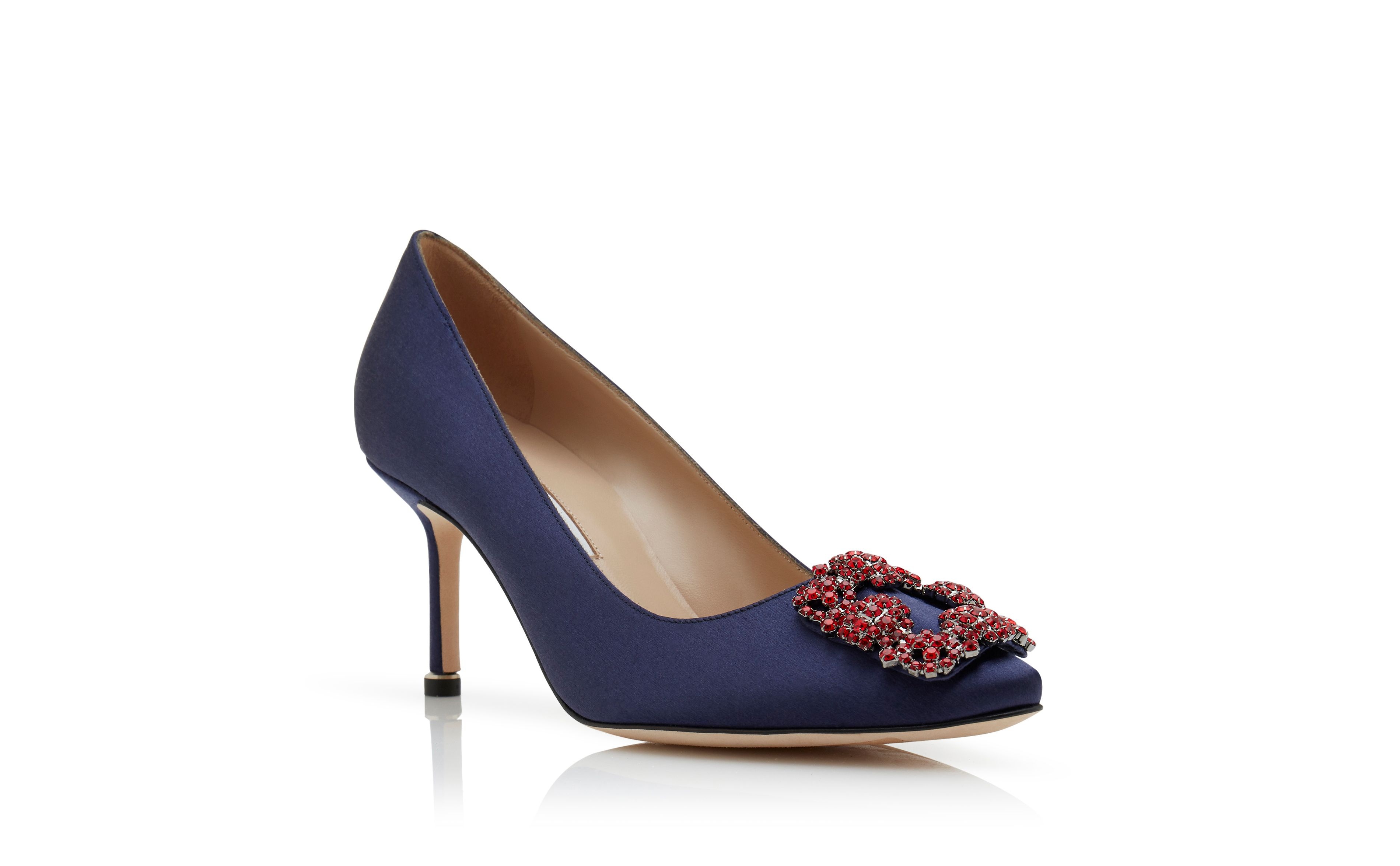 Navy Blue Satin Jewel Buckle Pumps - 3