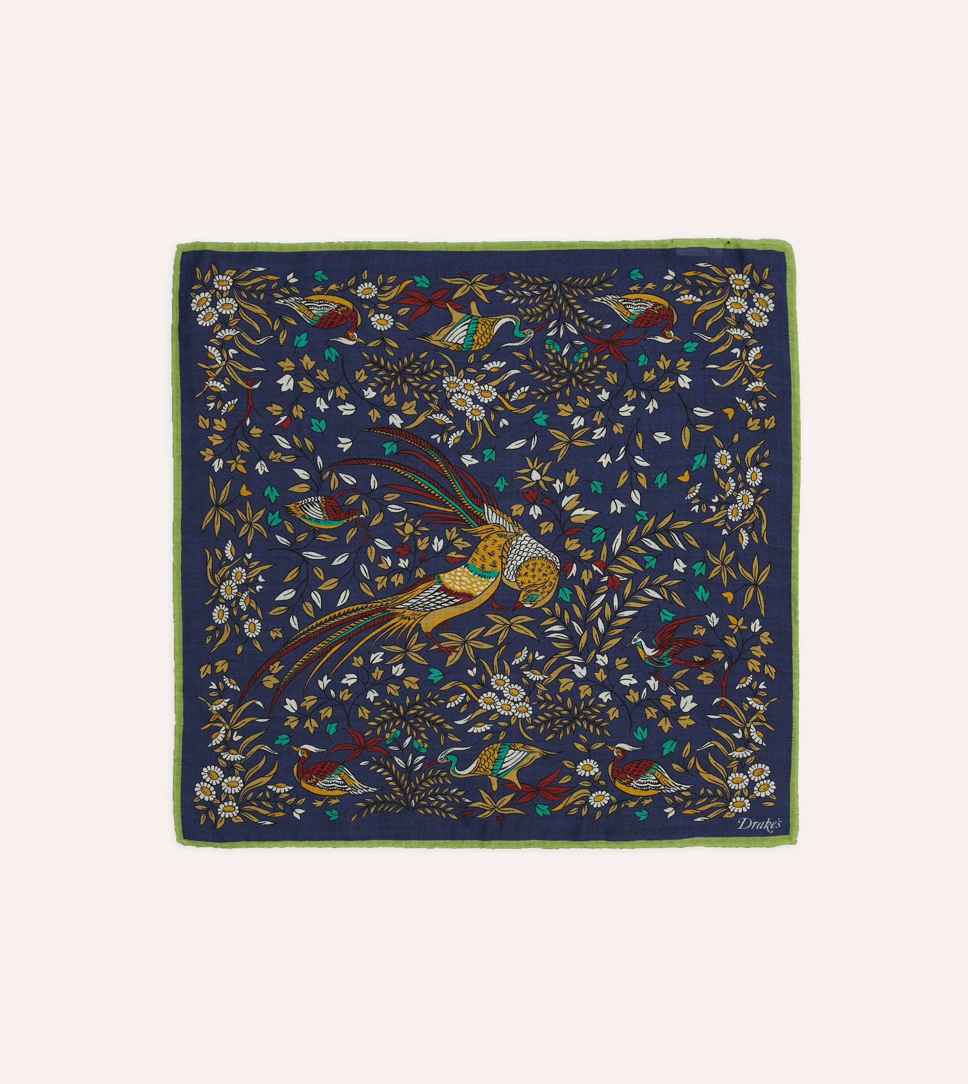 Navy Birds of Paradise Print Wool-Silk Pocket Square - 1