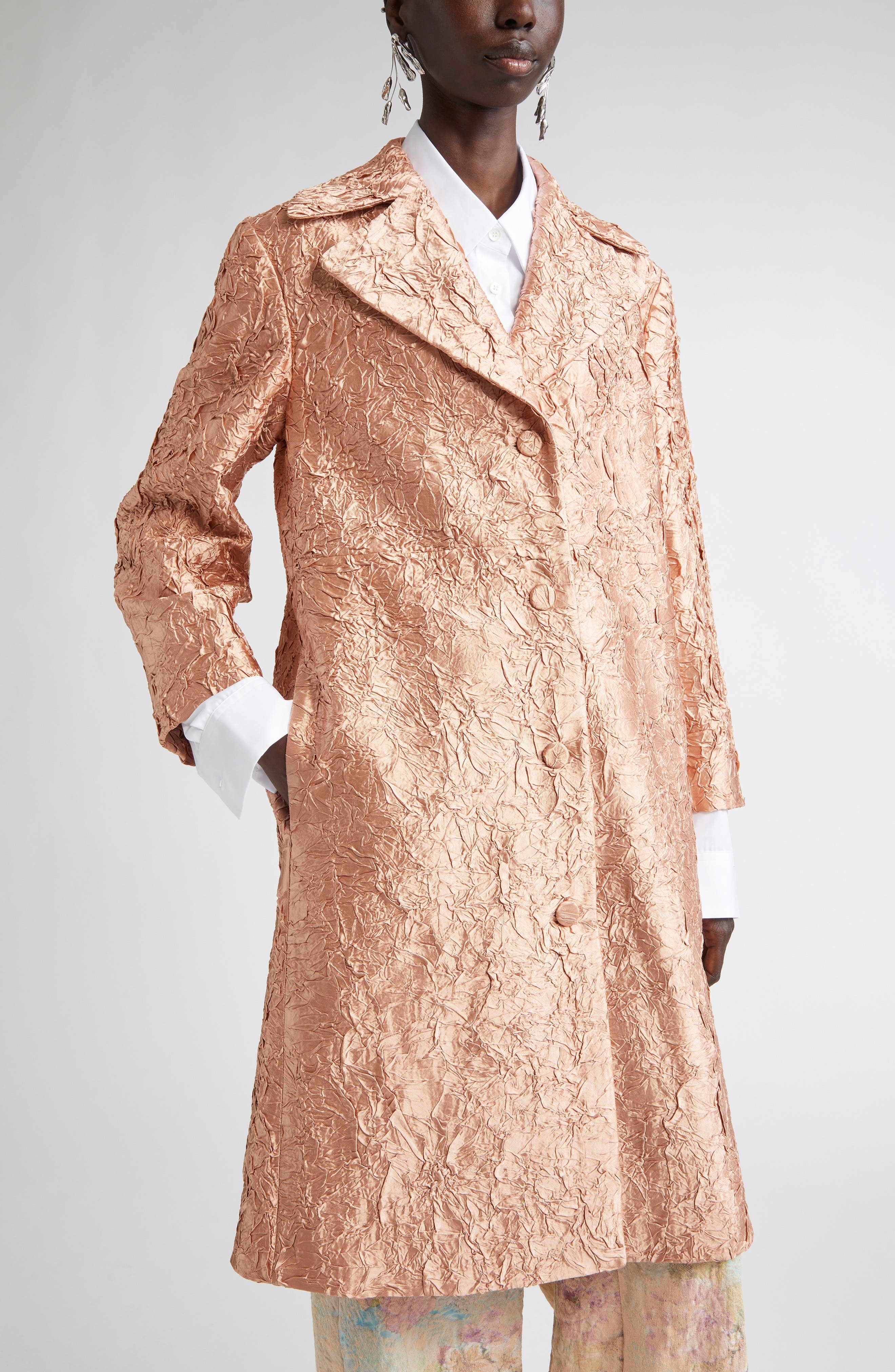 Dries Van Noten Crinkle Finish Velveteen Coat in Peach at Nordstrom - 5
