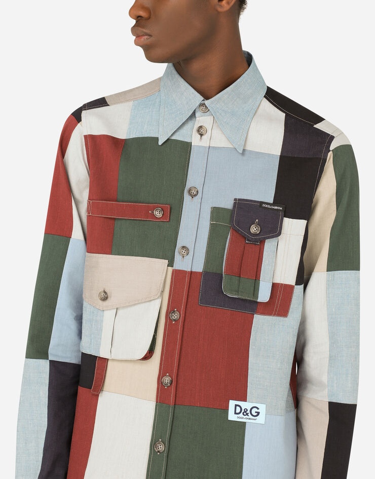 Linen and cotton patchwork Portofino shirt with patch - 4