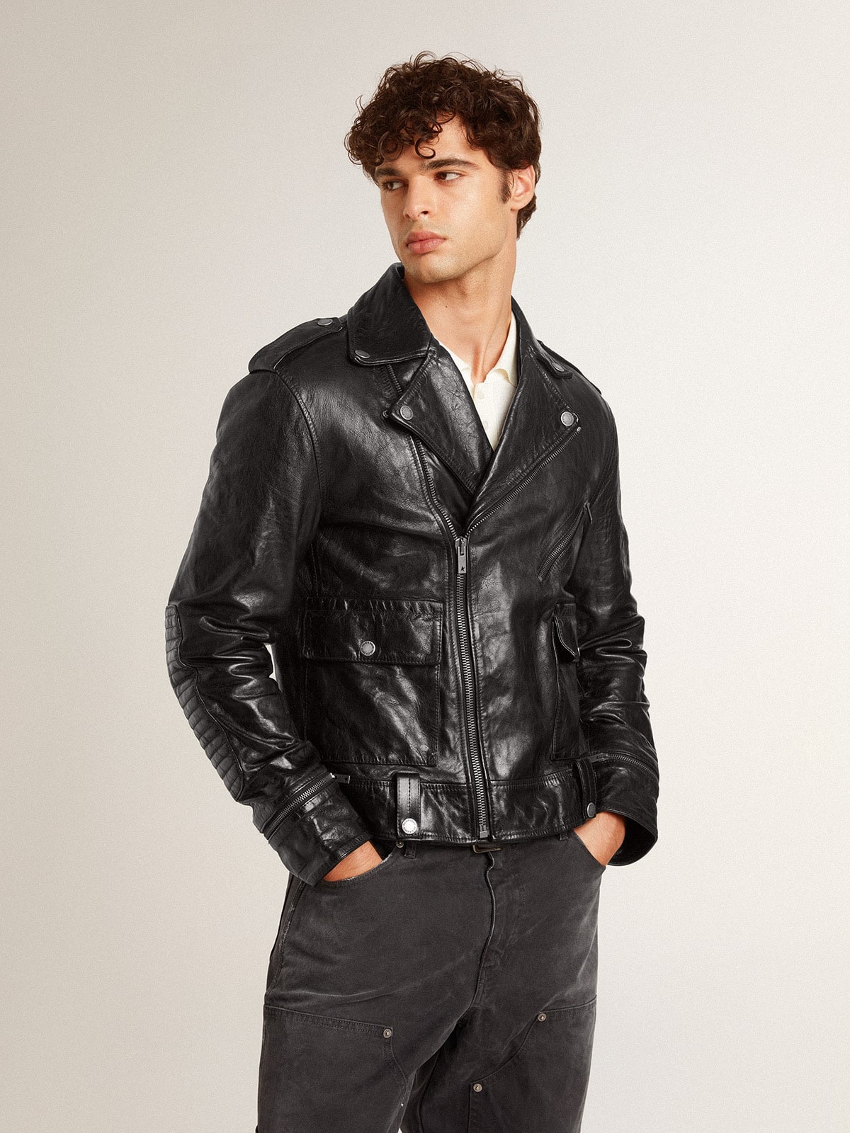 Men's black leather biker jacket with glossy effect - 3