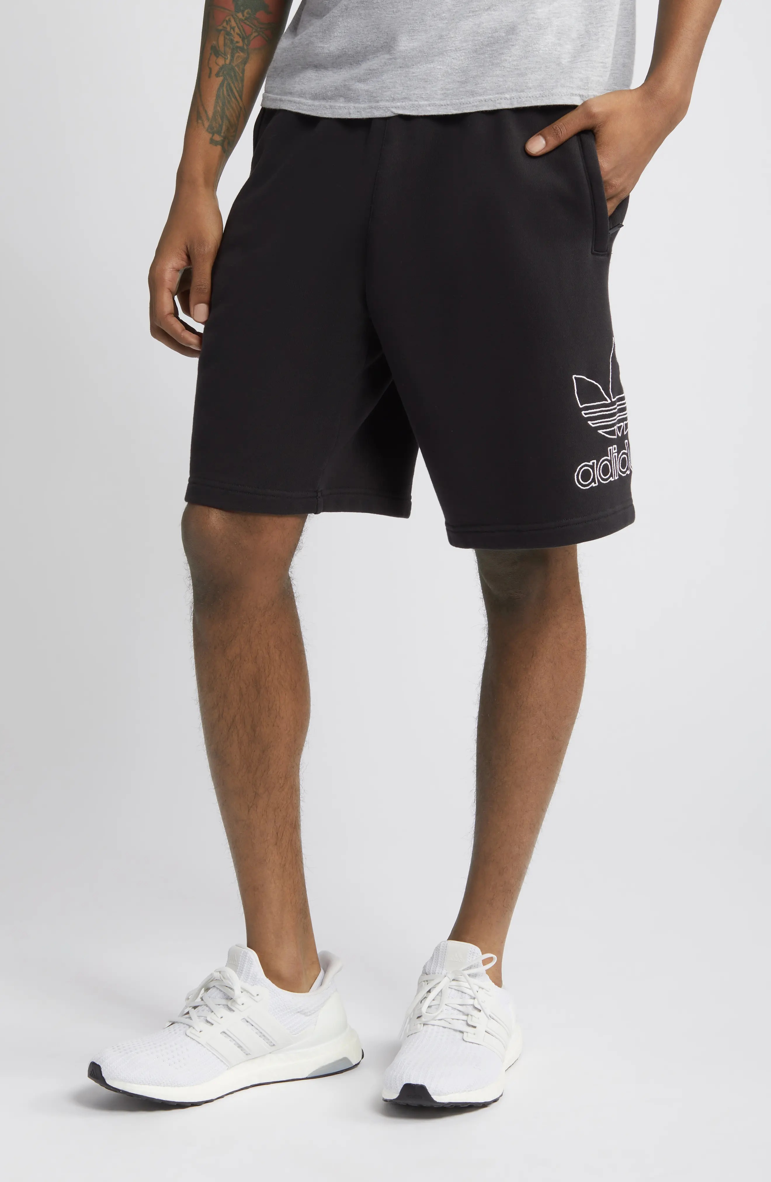 Trefoil Embroidered Sweat Shorts in Black/White - 1