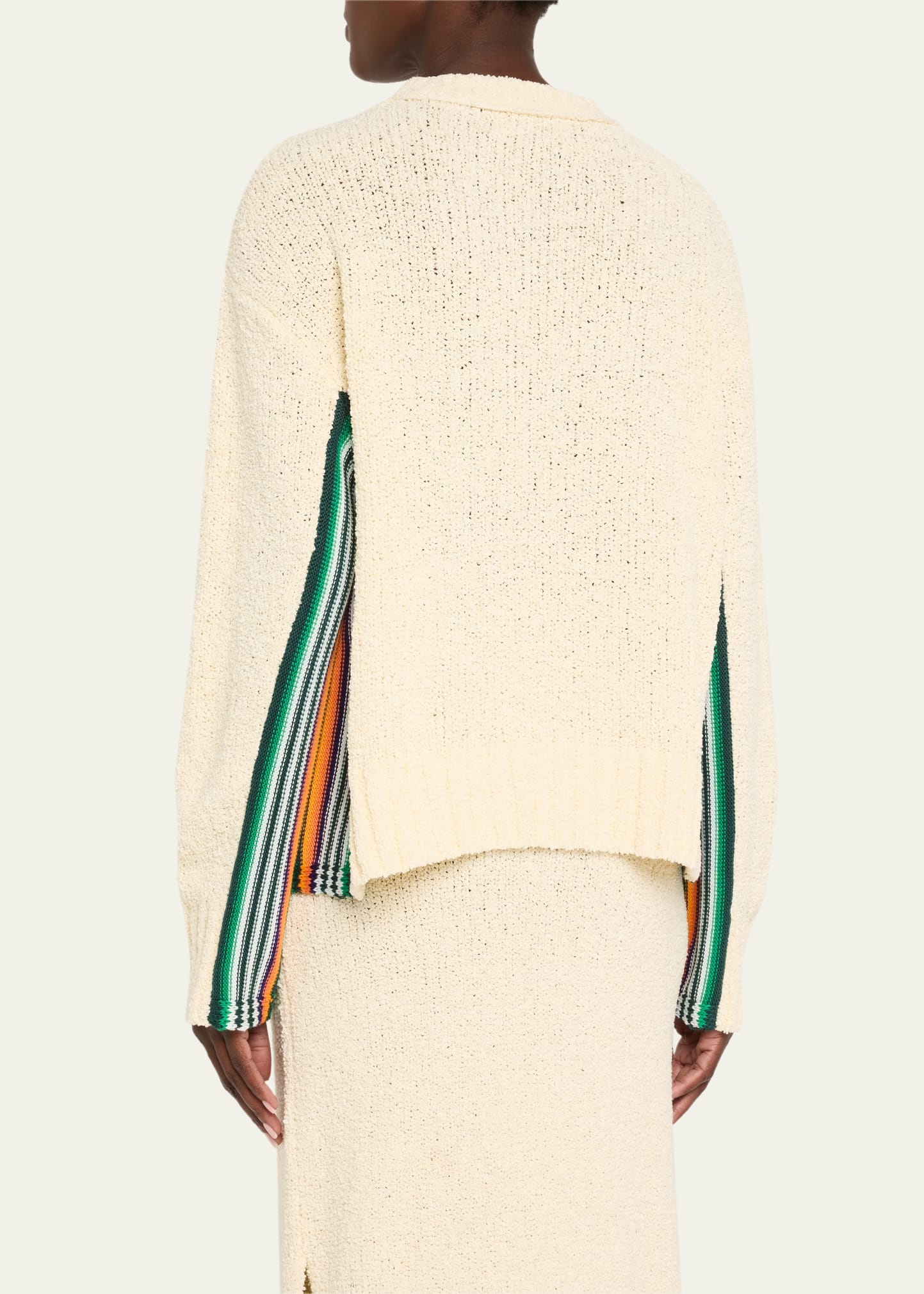 Striped-Side Boucle Knit Crewneck Sweater - 3