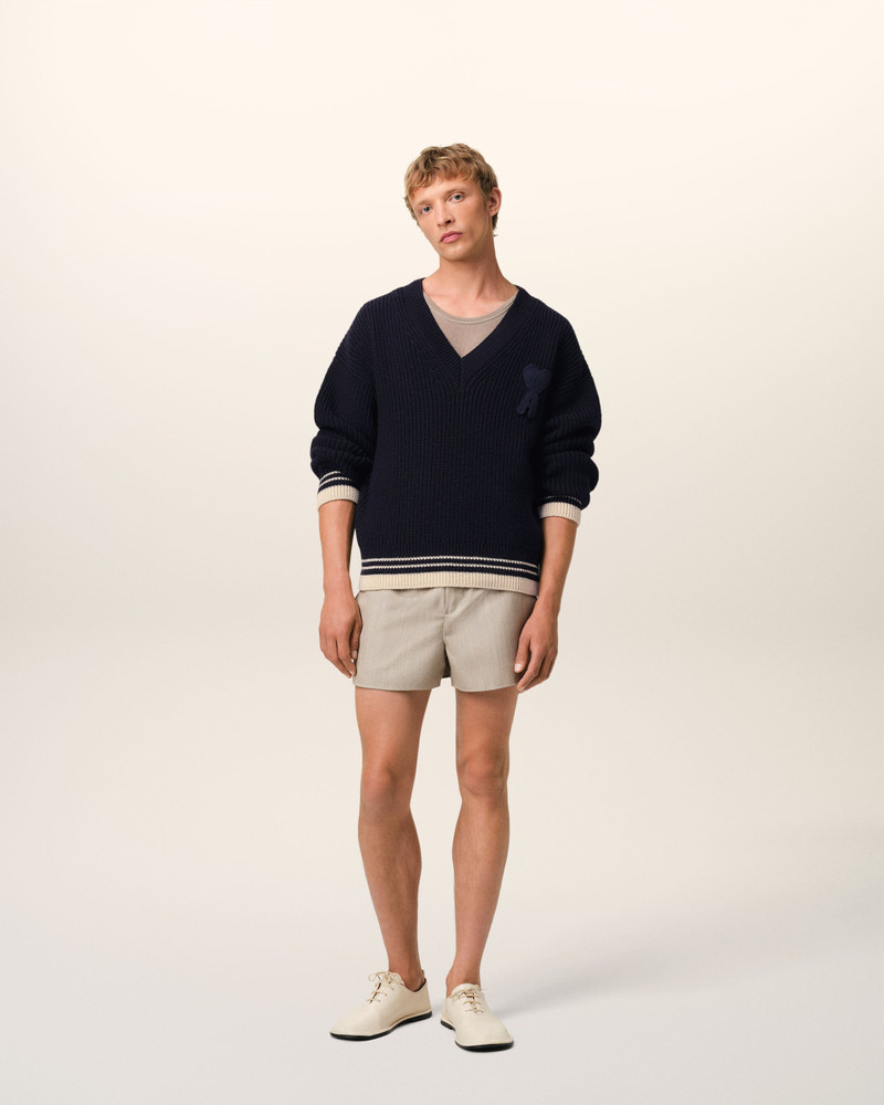 AMI Paris NAVY WOOL RIBBED V NECK SWEATER outlook