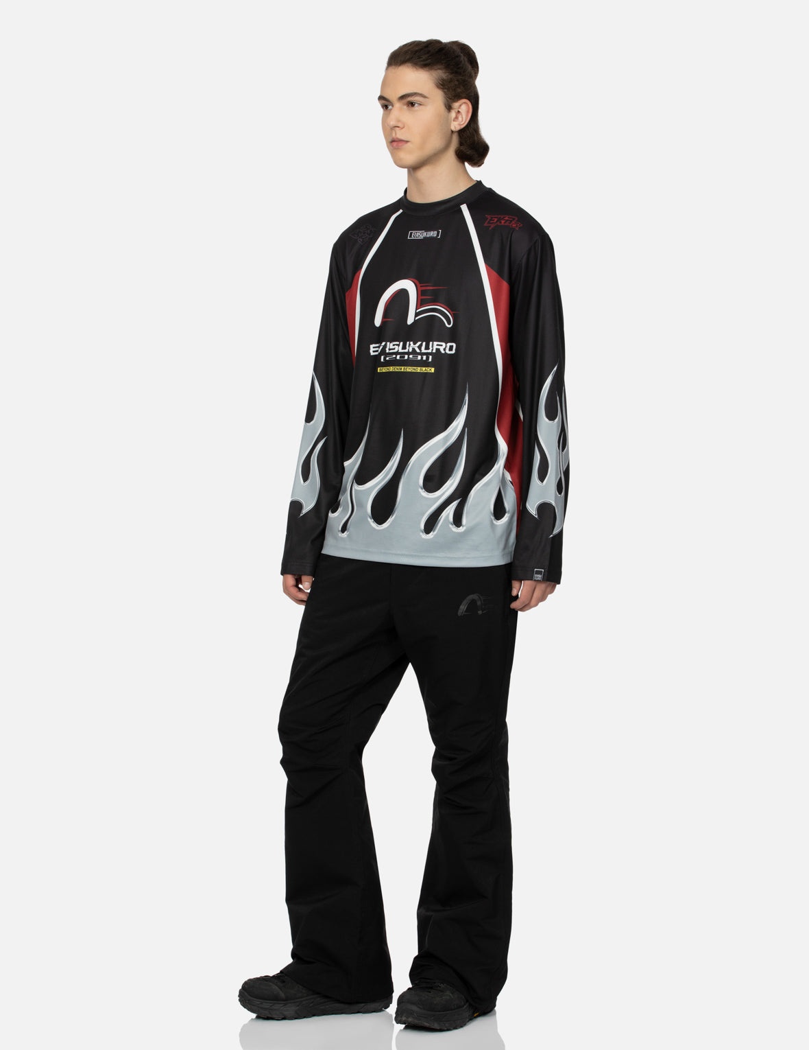 Seagull Embroidery and Multi-Pocket Regular Fit Bell Bottoms Pants - 3
