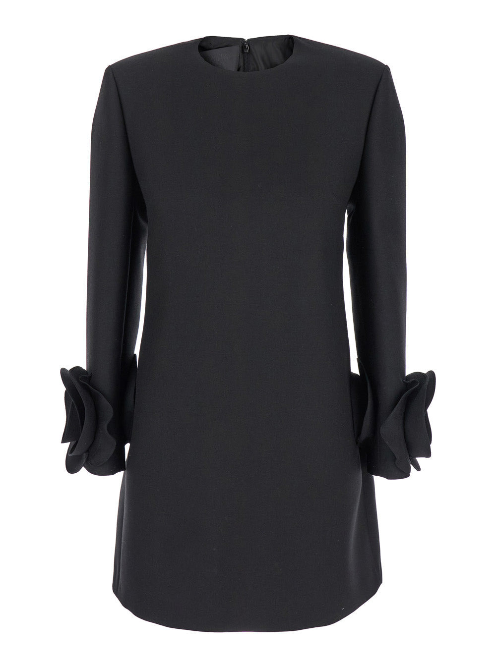 Valentino Women Black Crewneck Short Dress With Floral Detail In Wool Woman - 1