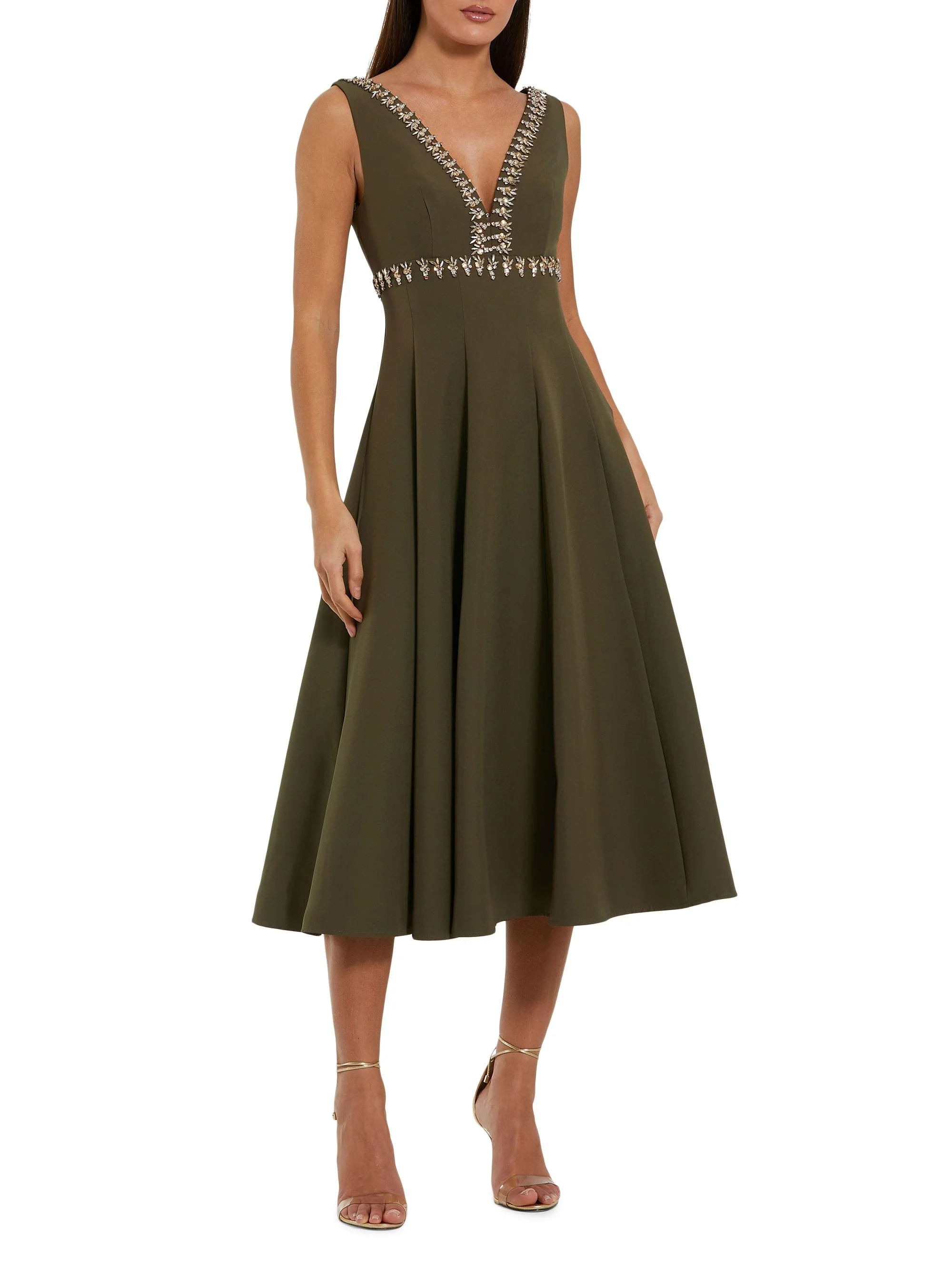Women's Beaded Crepe A-Line Midi-Dress - Olive - 1