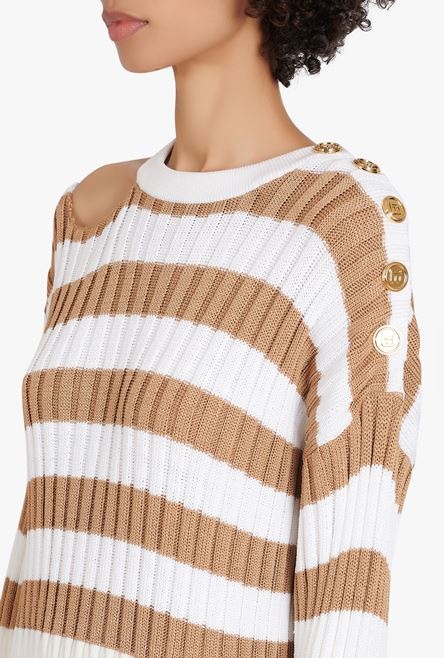 Ecru and sand-colored striped eco-designed wool dress - 6