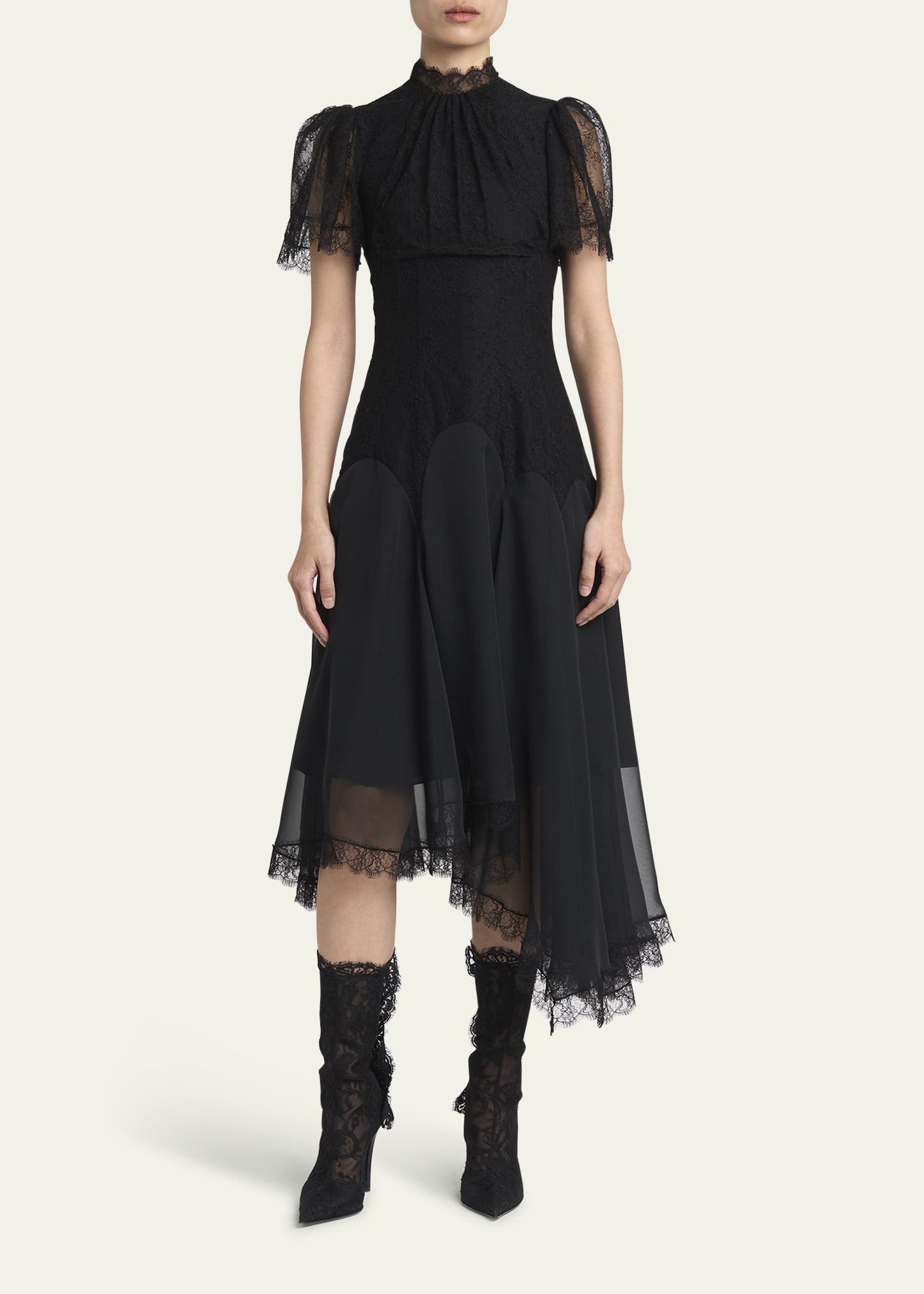 Draped Floral Lace High-Low Midi Dress - 2