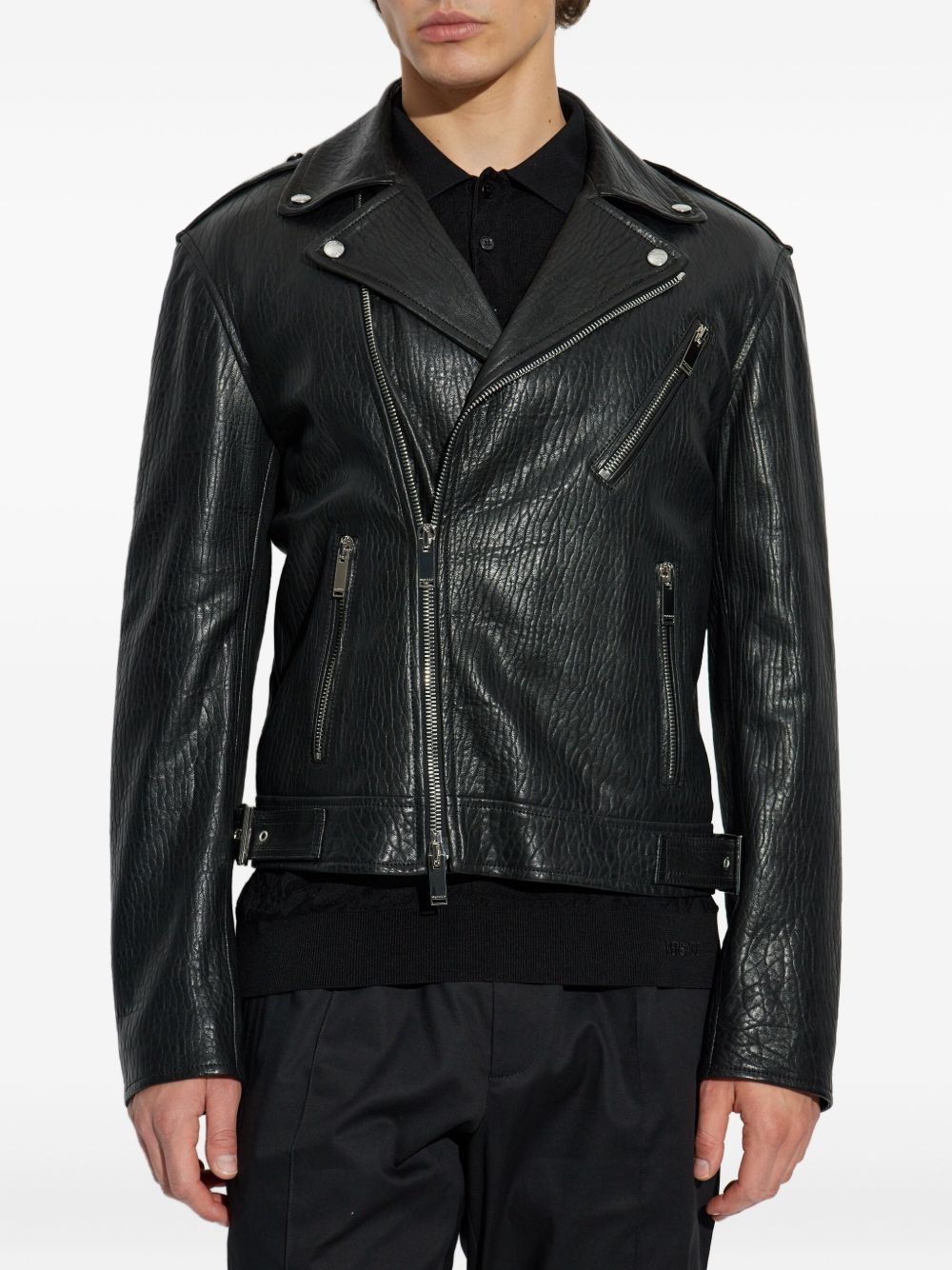 textured leather biker jacket - 3