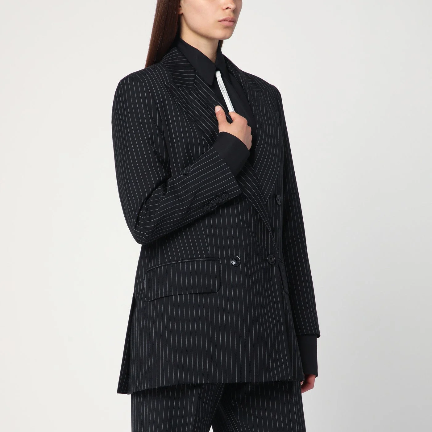 Black pinstriped double-breasted wool jacket - 1