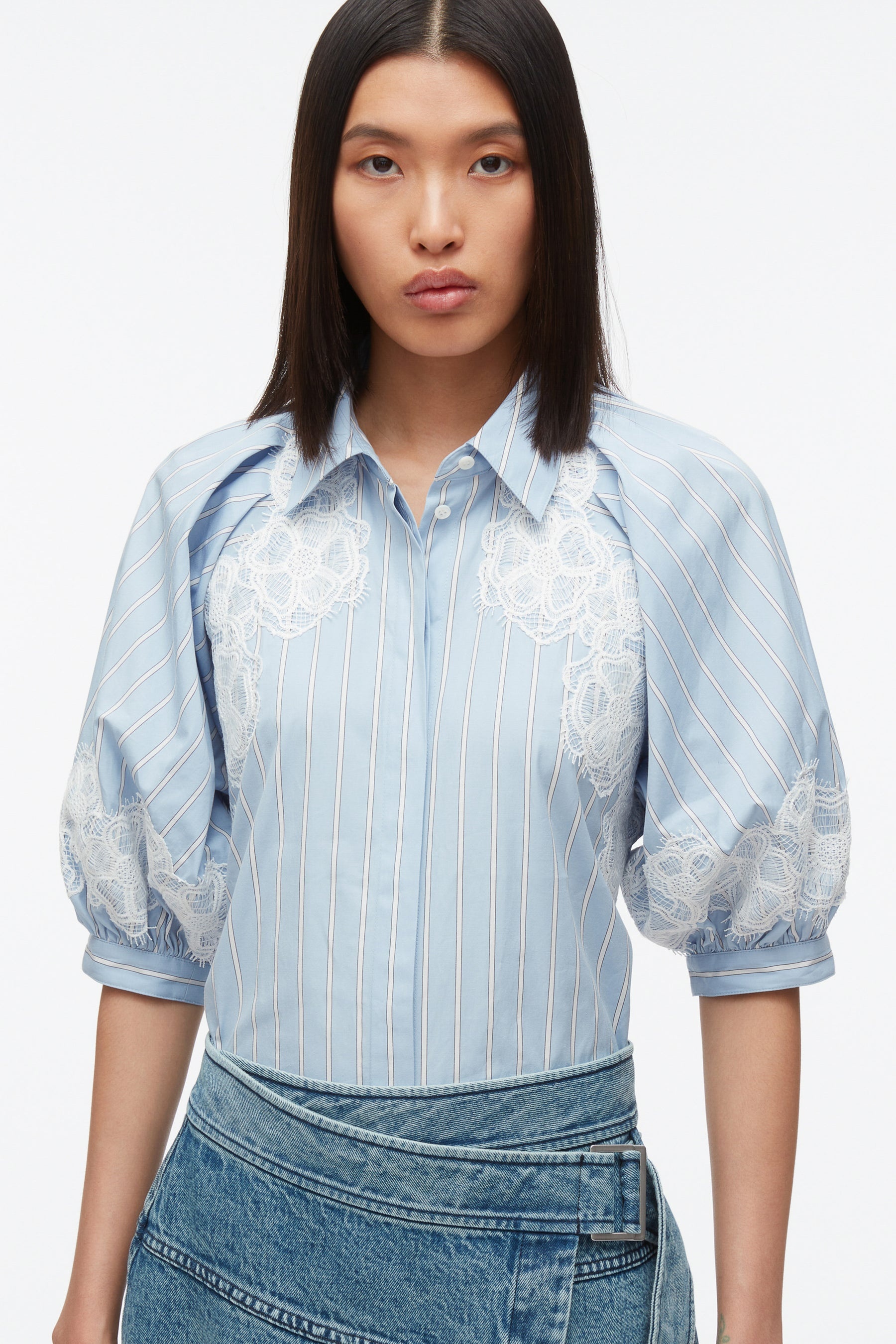 Lantern Sleeve Stripe Shirt with Lace - 5