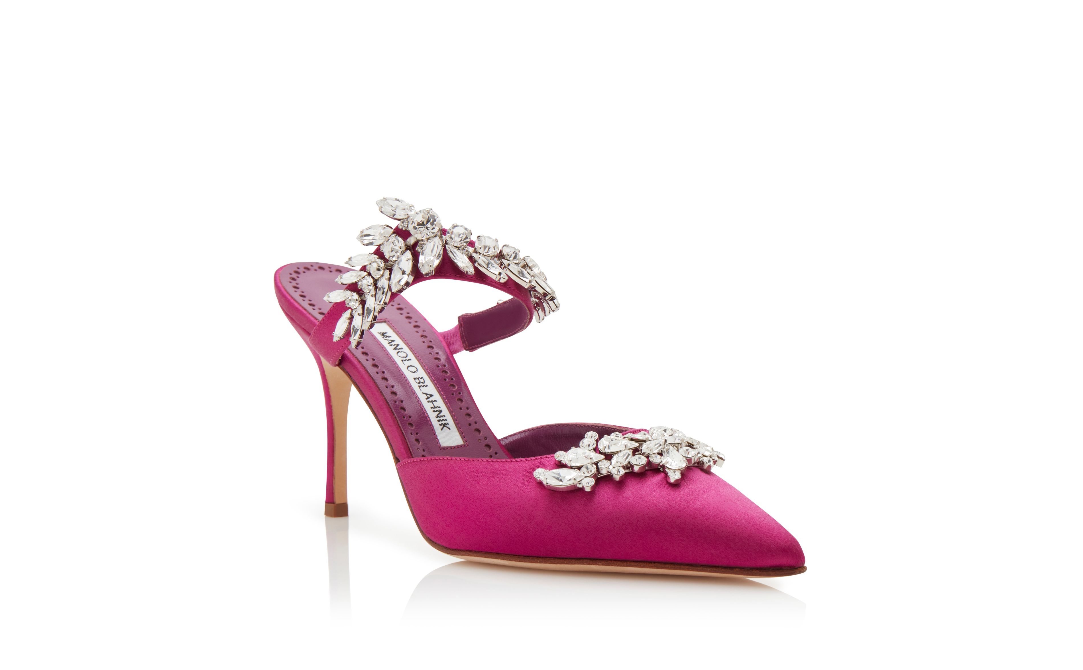 Fuchsia Satin Crystal Embellished Mules - 3