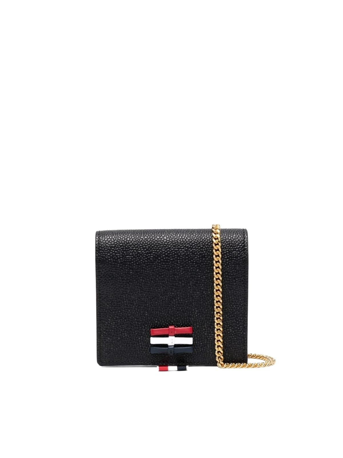Thom Browne Women 3-Bow Card Holder W/ Chain Strap In Pebble Grain Leather - L12, H13, W3 - 3