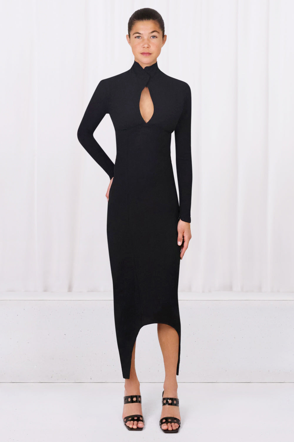 CURVE LONG SLEEVE CUT OUT MIDI DRESS | BLACK - 2