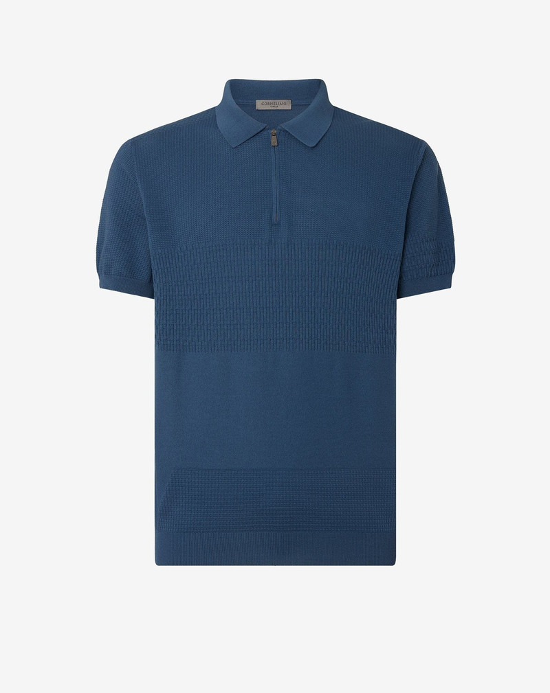 Denim blue zip-up Pima cotton polo shirt 1