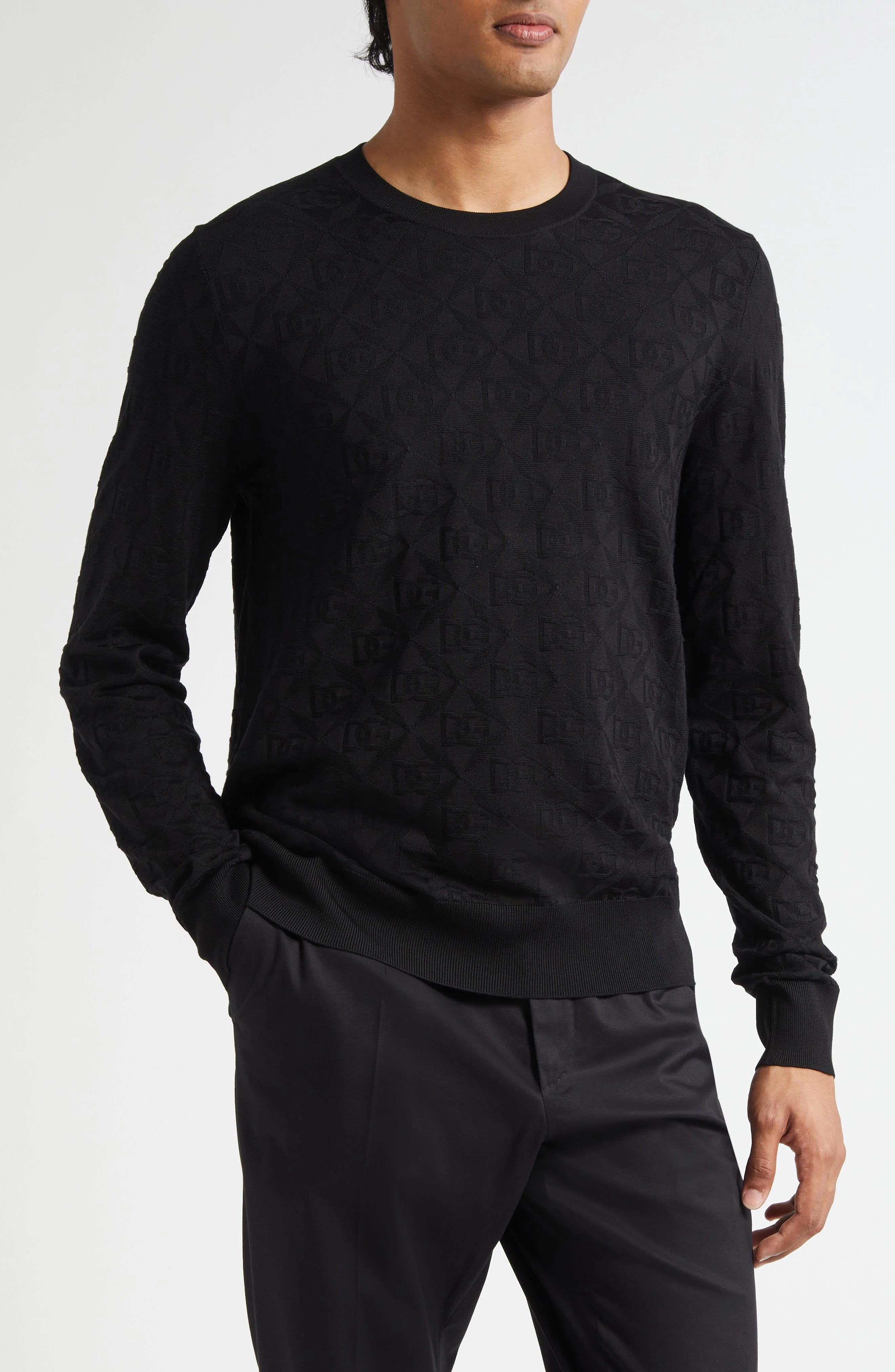 Dolce&Gabbana Logo Jacquard Silk Crewneck Sweater in Nero at Nordstrom - 1