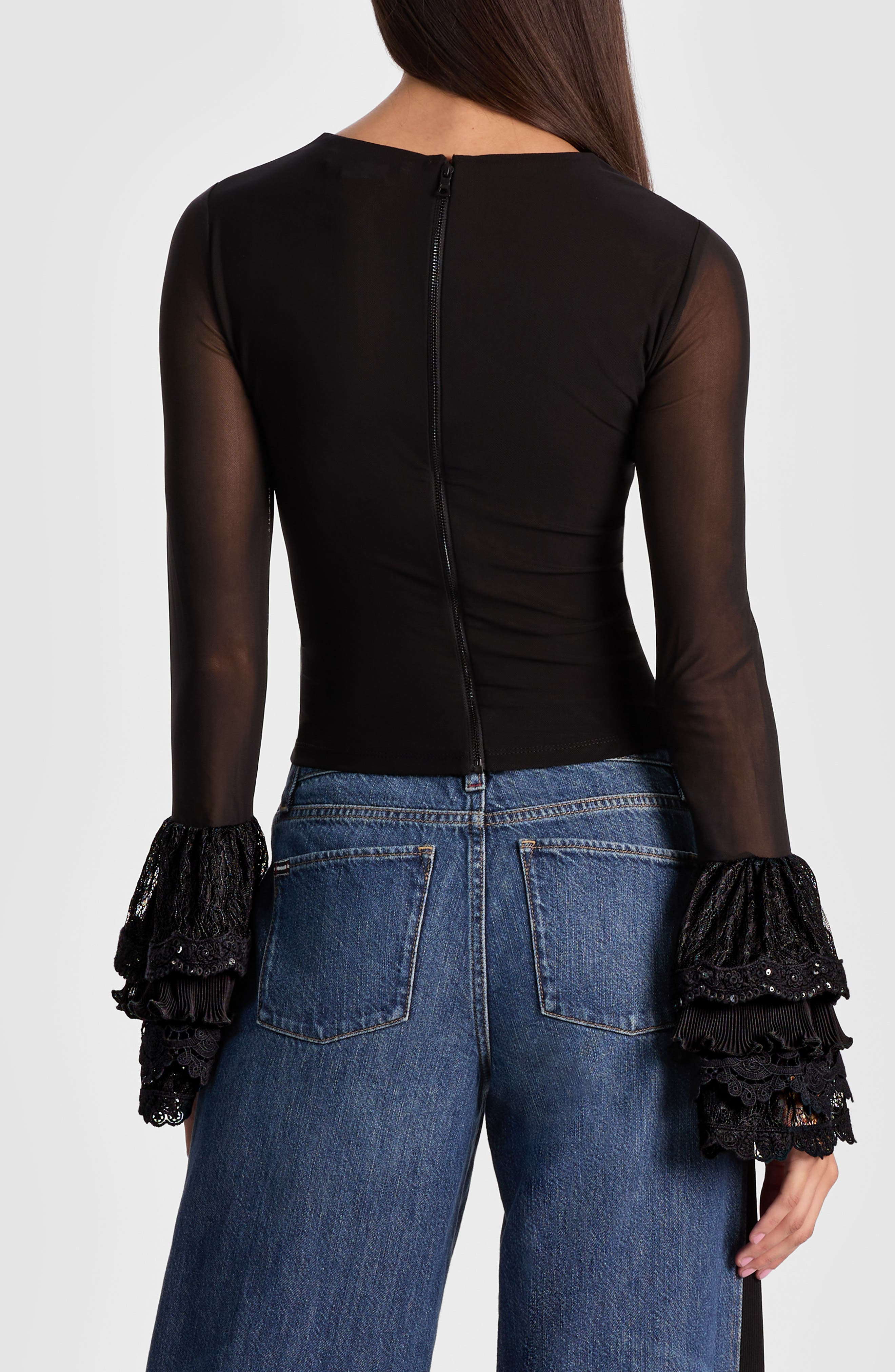 Alice + Olivia Delania Mesh Ruffle Cuff Top in Black at Nordstrom - 2