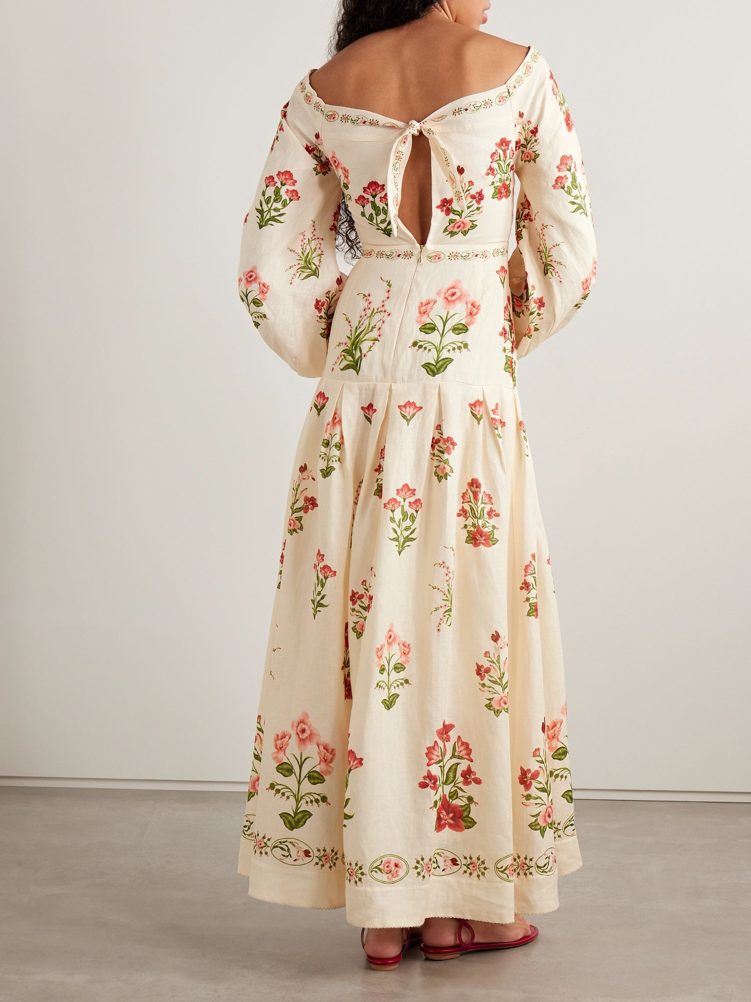 Senlis off-the-shoulder pleated floral-print linen maxi dress Cream - 3