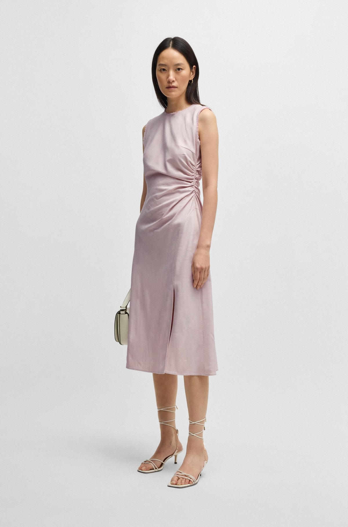 MELANGE DRESS WITH FRAYED AND GATHERED DETAILS - 2