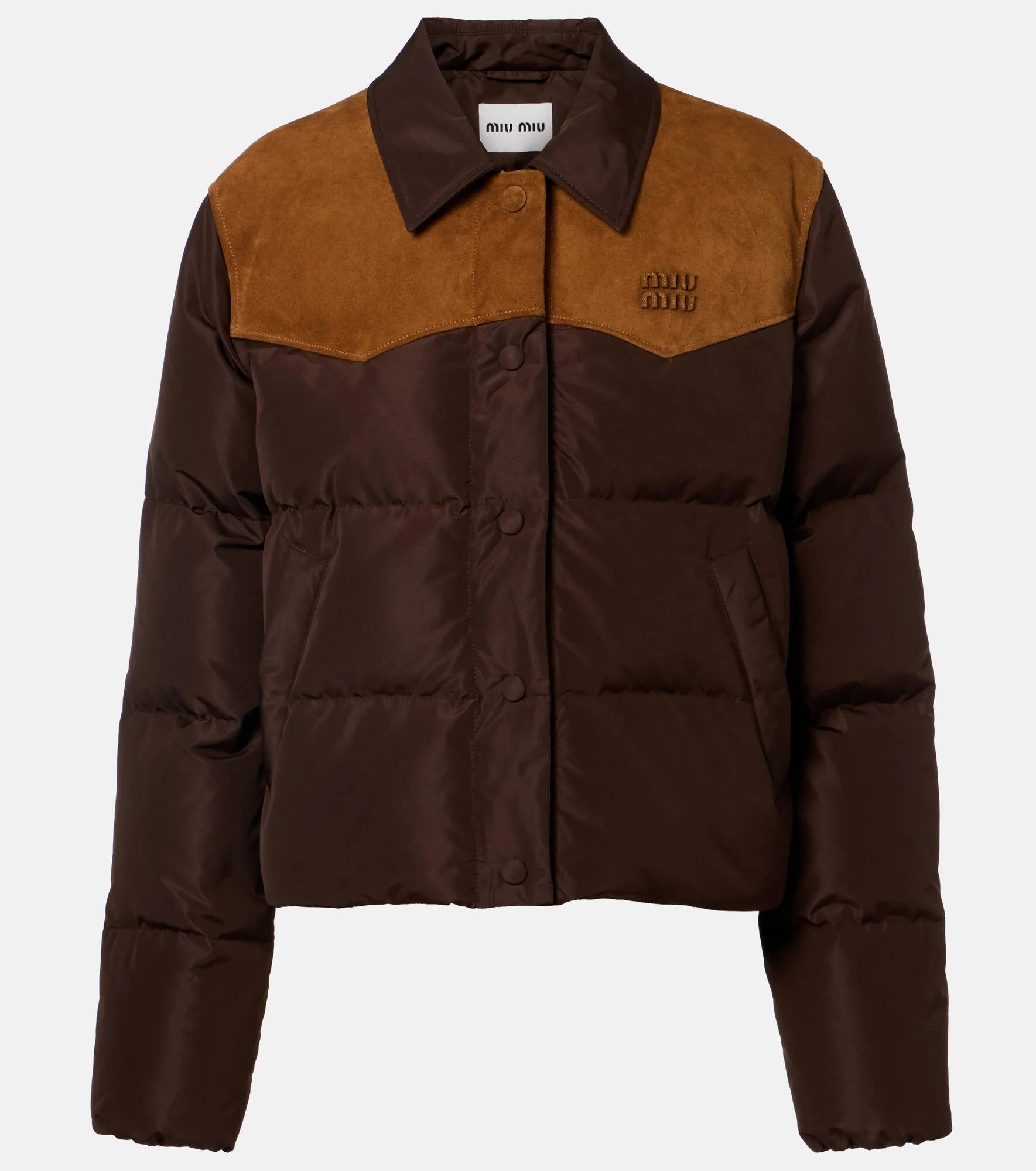 Suede-trimmed pongé down jacket - 1