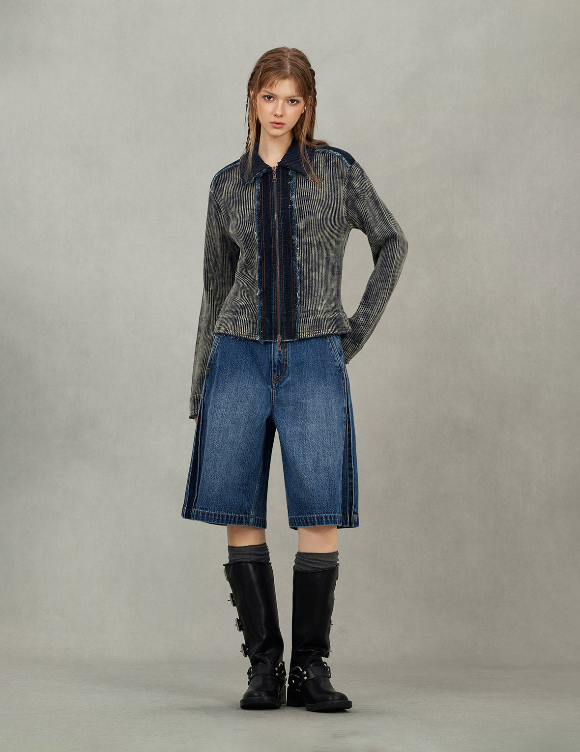 Denim Panelled Fashion Fit Zip-Up Cardigan - 7