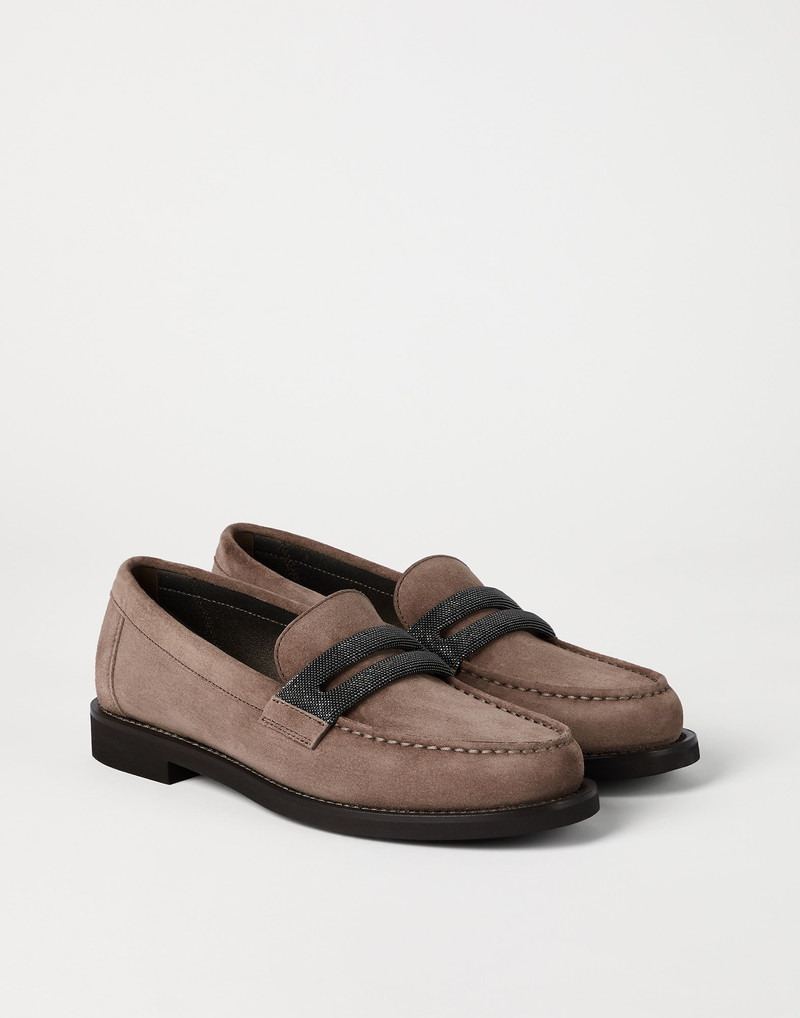 Suede penny loafers with precious clamp 2