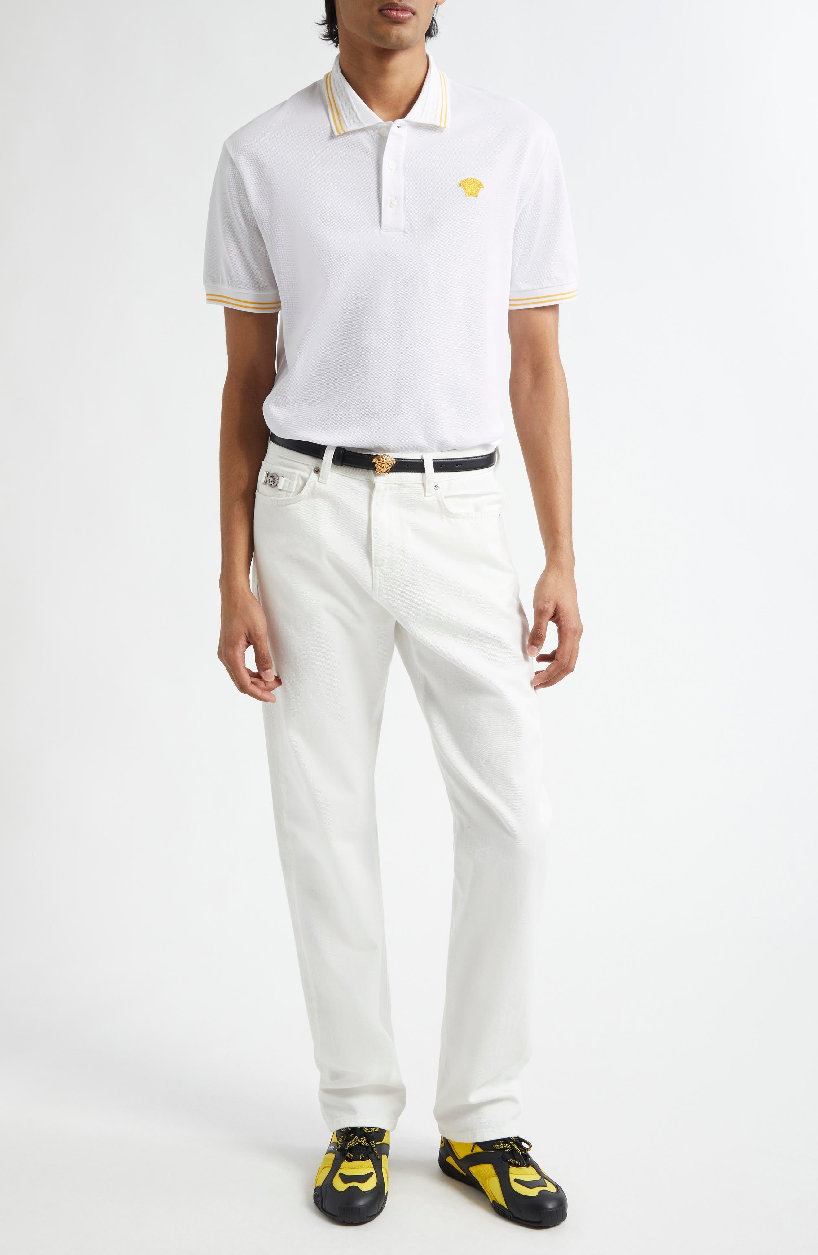 Versace Tipped Embroidered Medusa Cotton Piqué Polo in Optical White at Nordstrom - 2