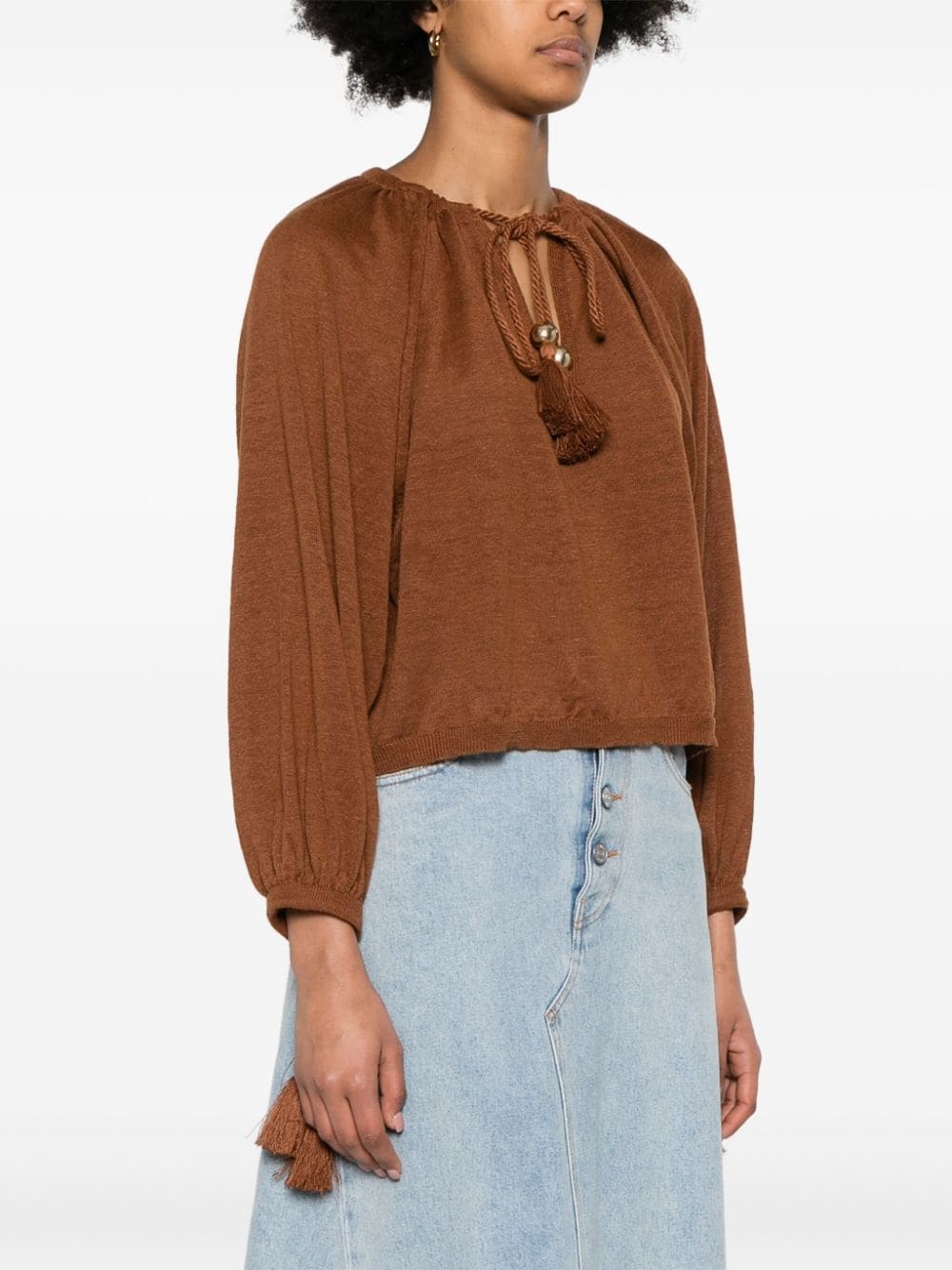 tassel-detail linen top - 3