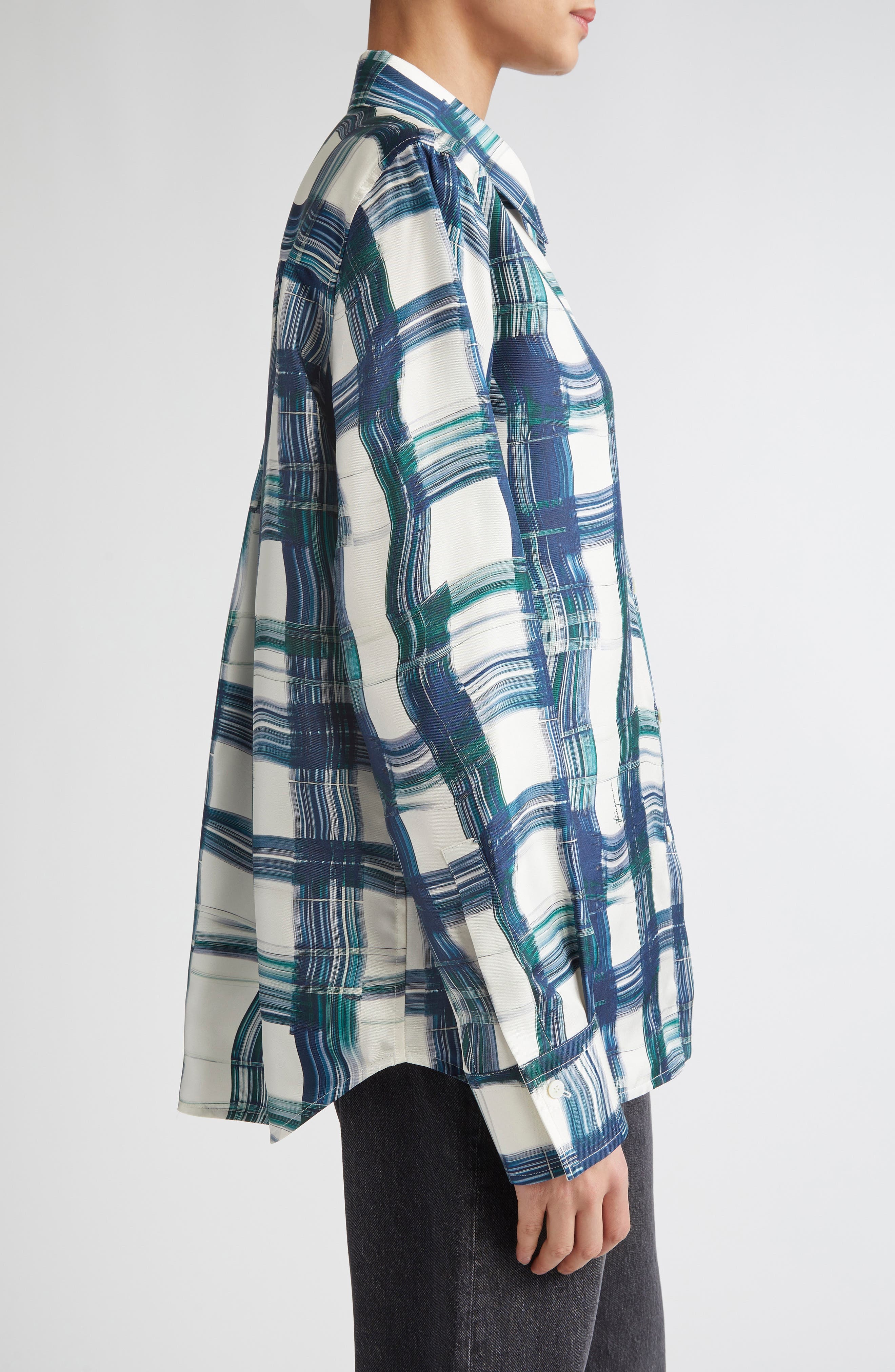FERRAGAMO Brushstroke Print Silk Button-Up Shirt in New Navy/Moss at Nordstrom - 3
