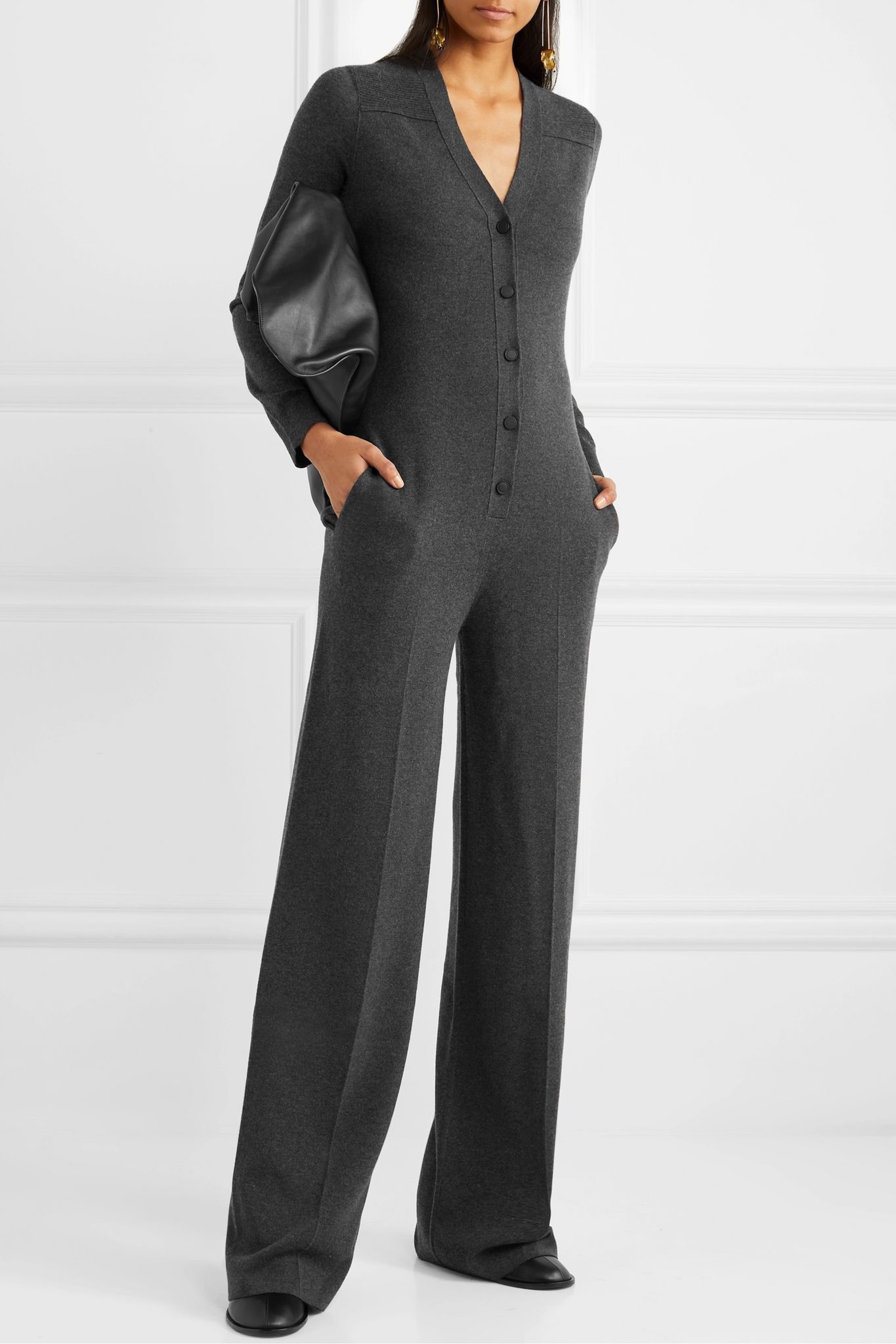 Leather-trimmed cashmere jumpsuit - 2