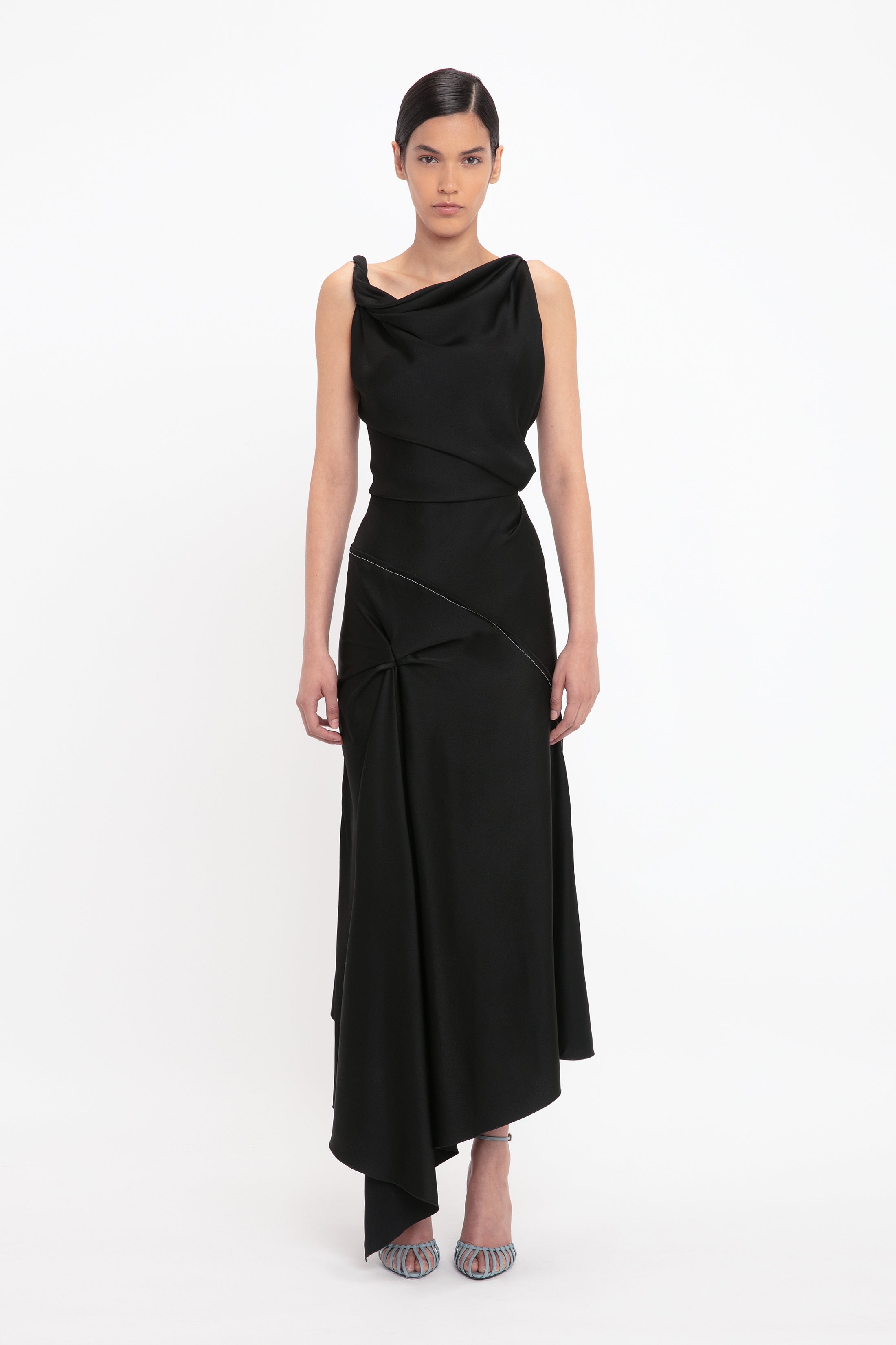 Asymmetric Draped Midi Dress In Black - 2