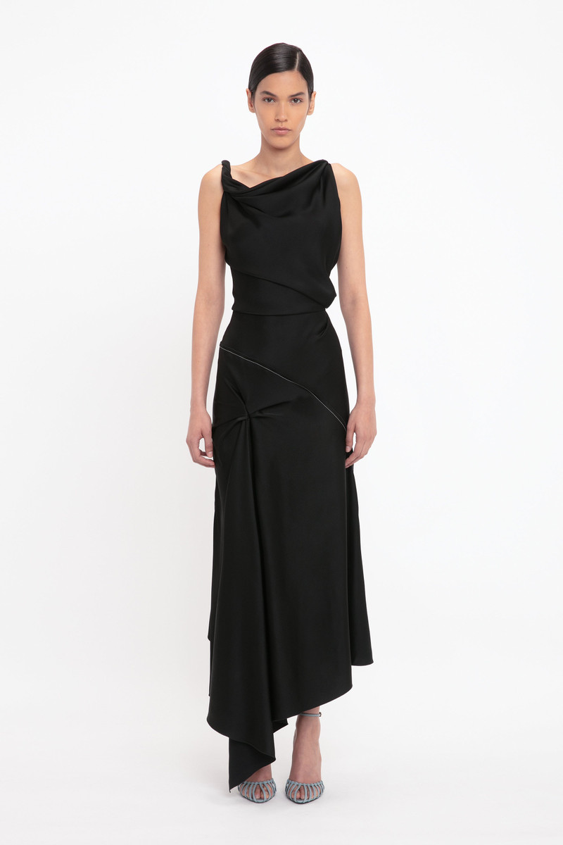 Victoria Beckham Asymmetric Draped Midi Dress In Black outlook
