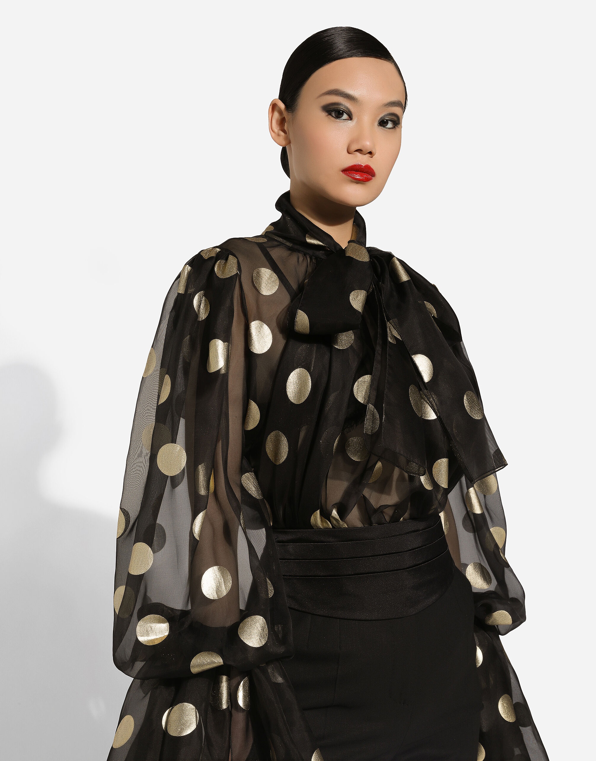 Silk organza jacquard blouse with polka-dot design and pussy-bow - 4