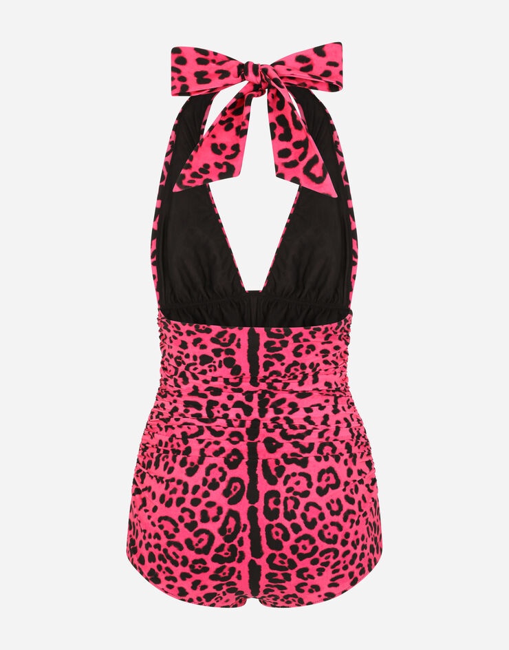 Neon leopard-print one-piece swimsuit with draping - 3