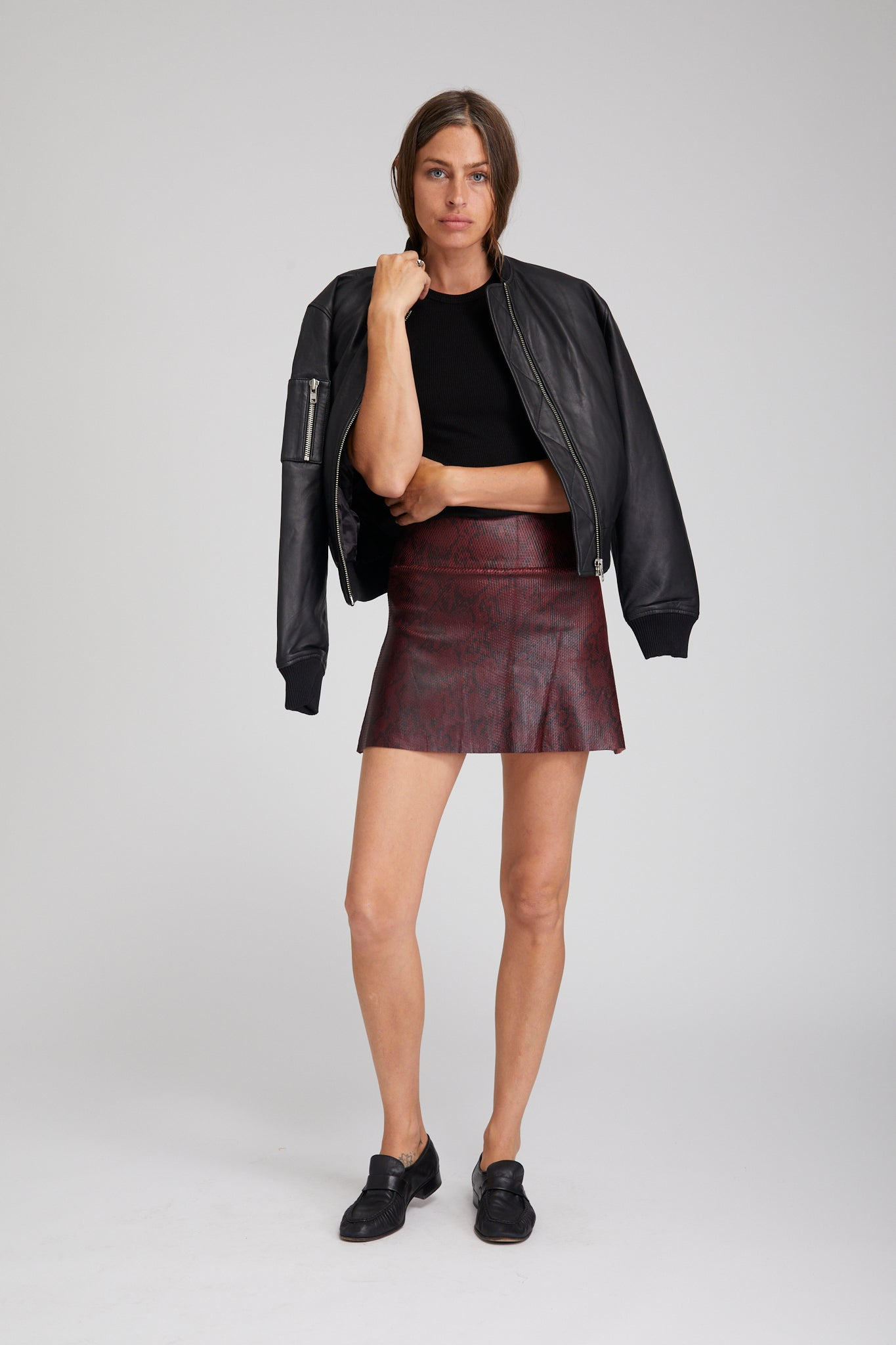 BORDEAUX A-LINE LEATHER SNAKE PRINT SKIRT - 2