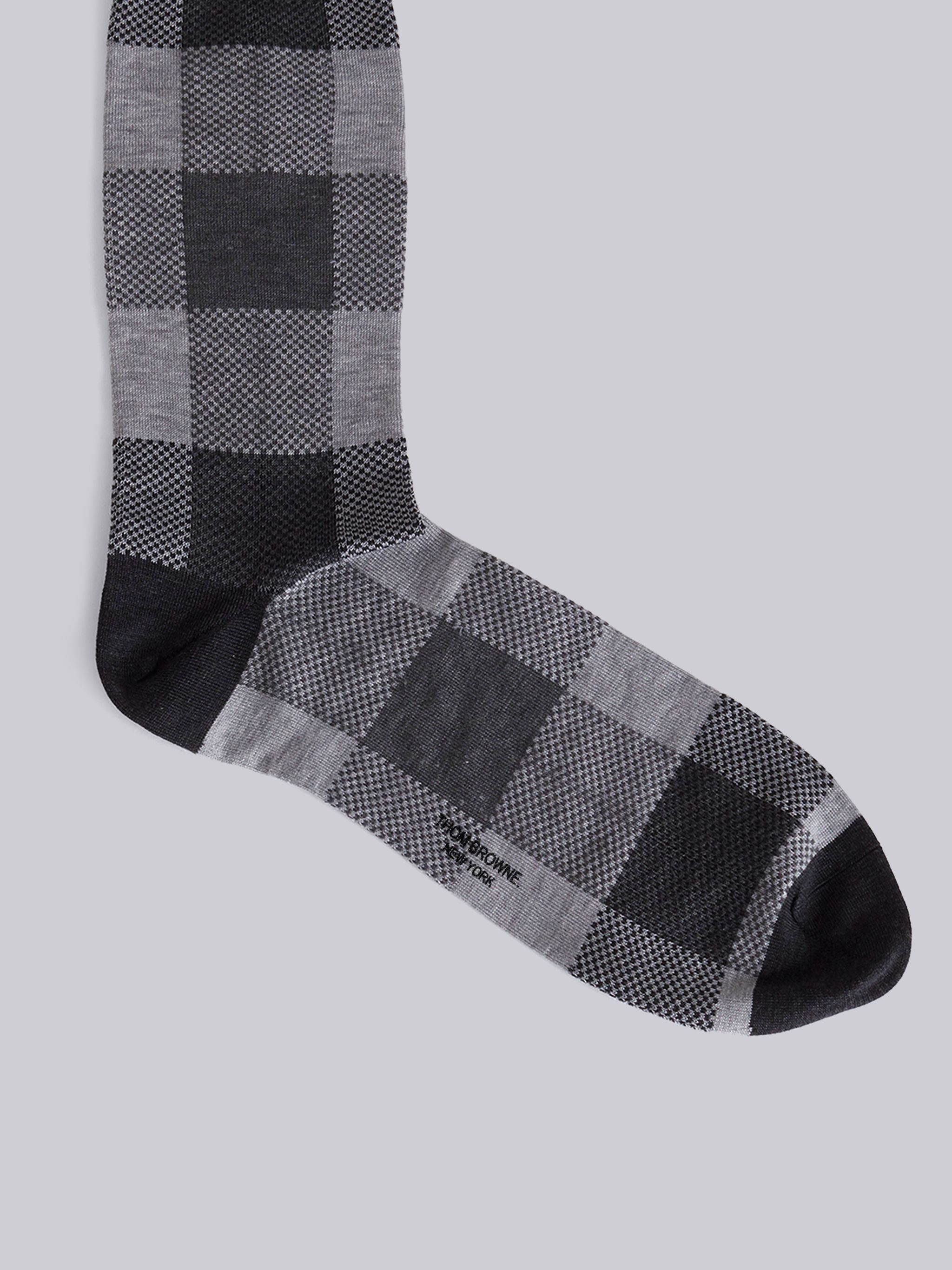 Medium Grey Cotton Buffalo Check Mid-calf 4-Bar Socks - 2