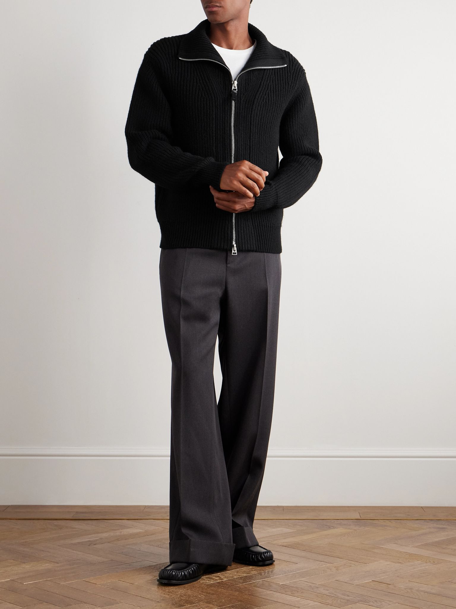 Slim-Fit Ribbed Wool and Mohair-Blend Zip-Up Cardigan Black - 2