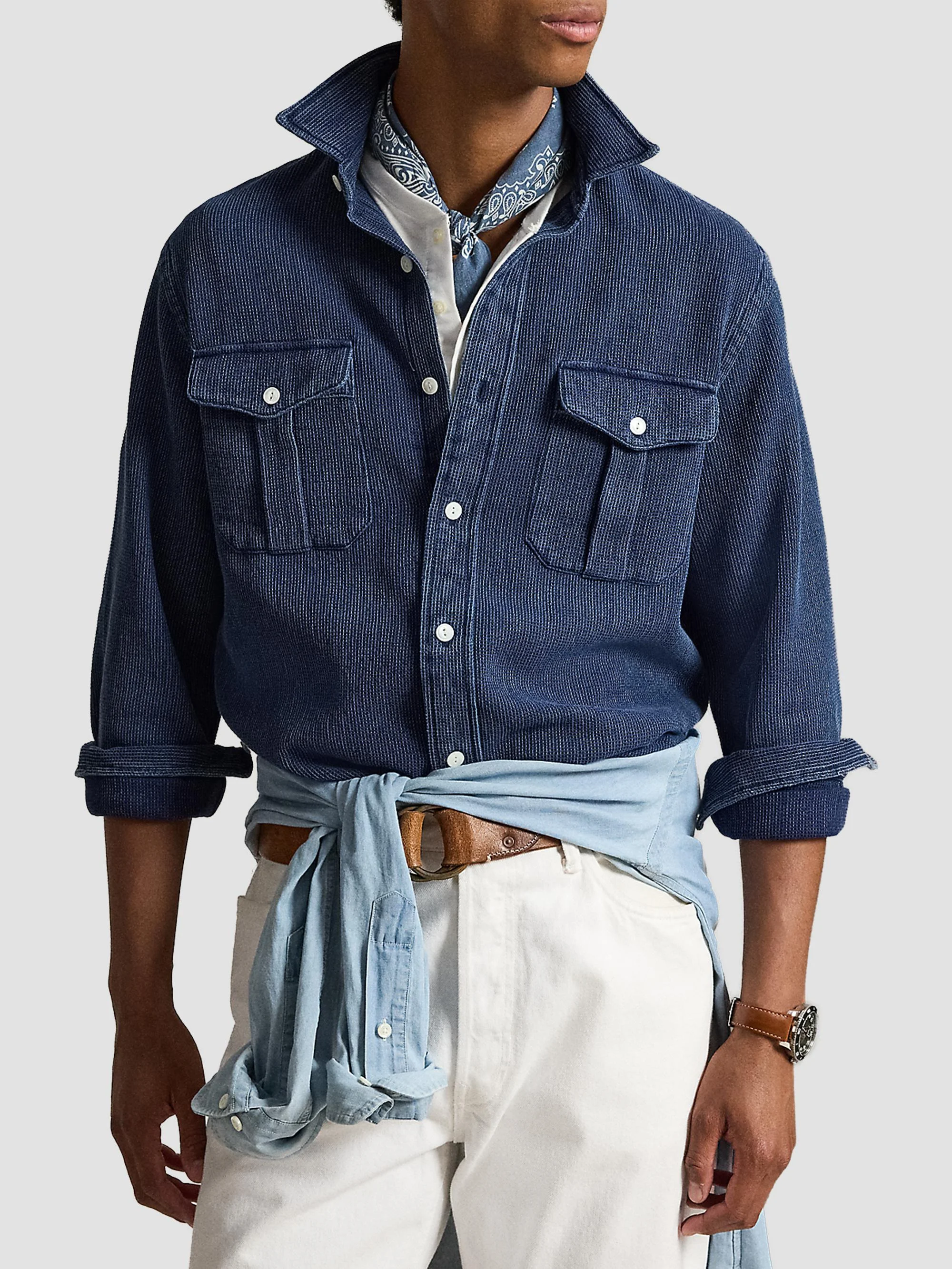 Men's Classic-Fit Indigo-Dyed Workshirt - Indigo Waffle - 1
