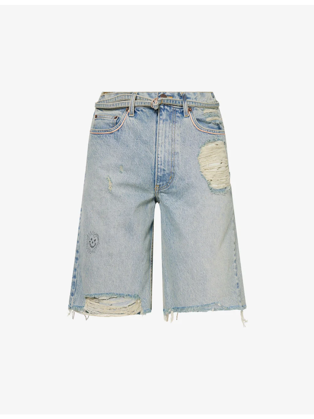 Belted Distressed Denim Shorts - 1