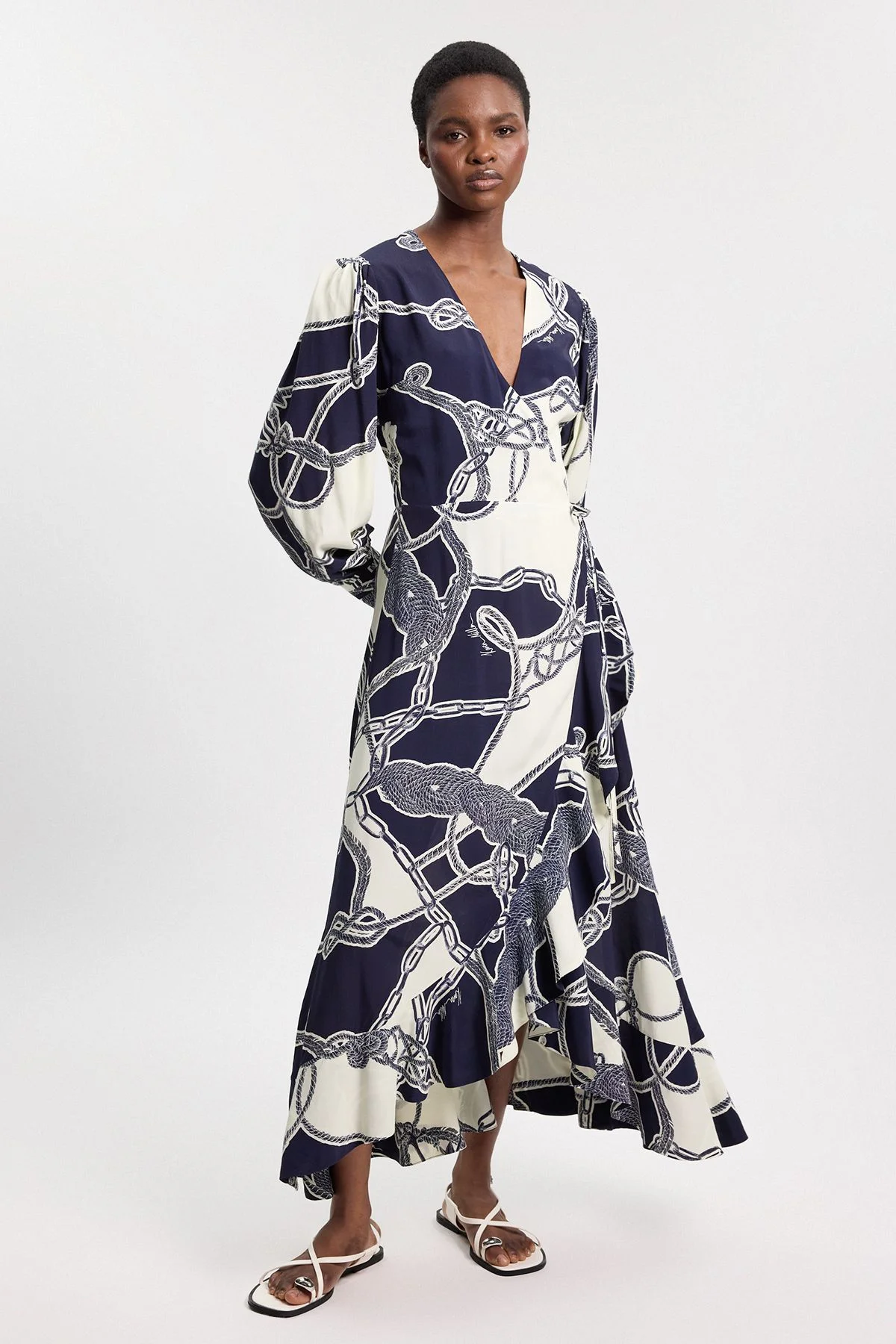 Viscose Crepe Chain Print Long Sleeve Midi Dress - 1